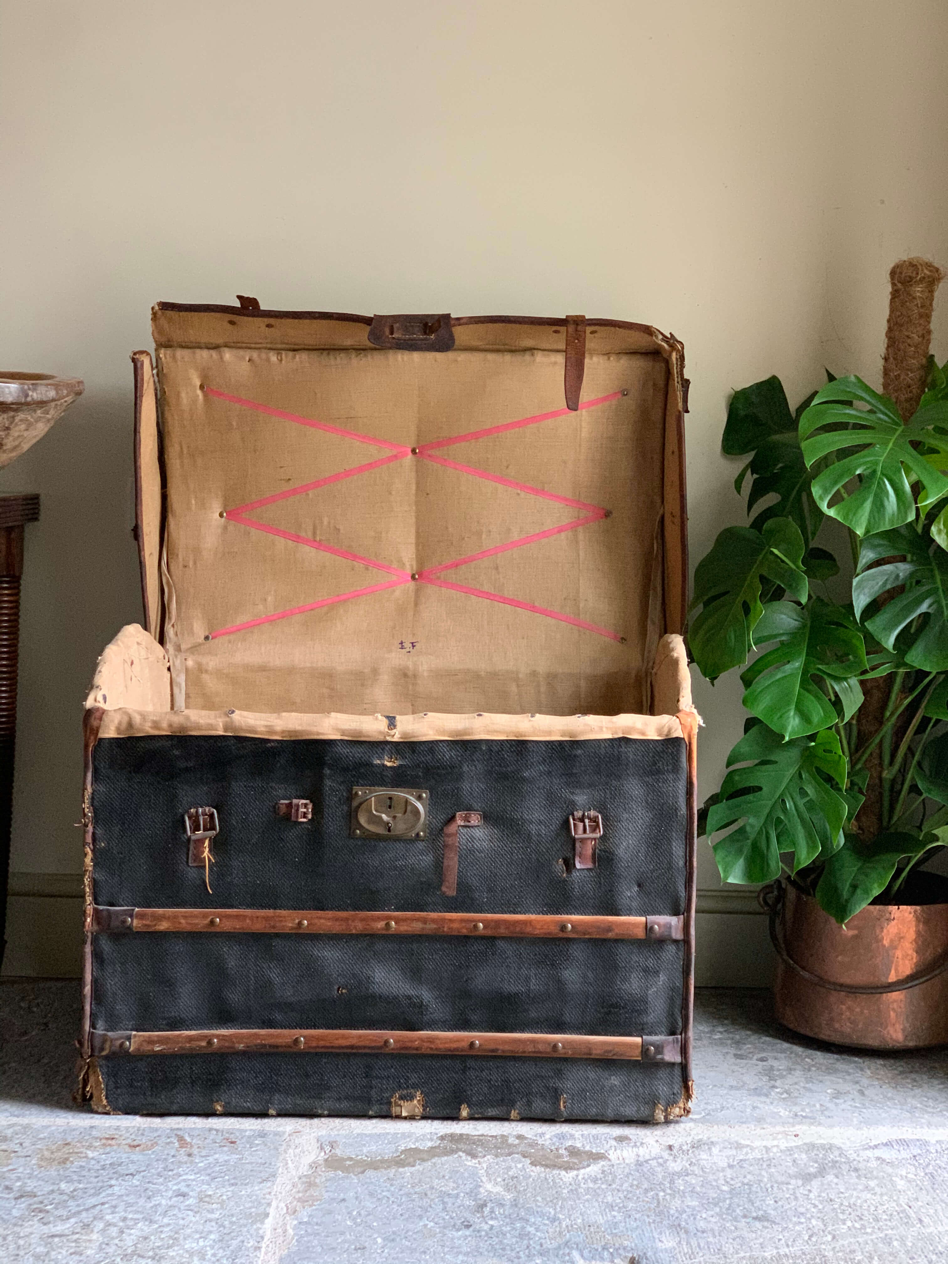 Antique 1800's leather travel trunk suitcase