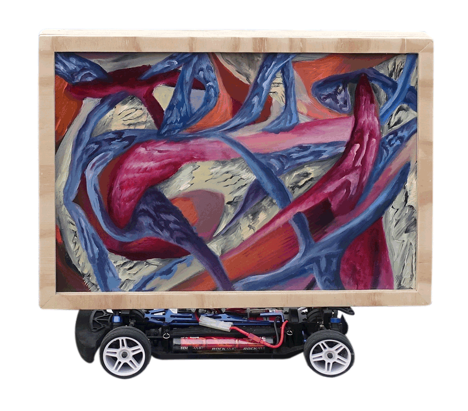 Scuderia Neo-Astrattismofour-wheel remote-controlled painting, mixed media, 53x45x20cm, 2024 · info