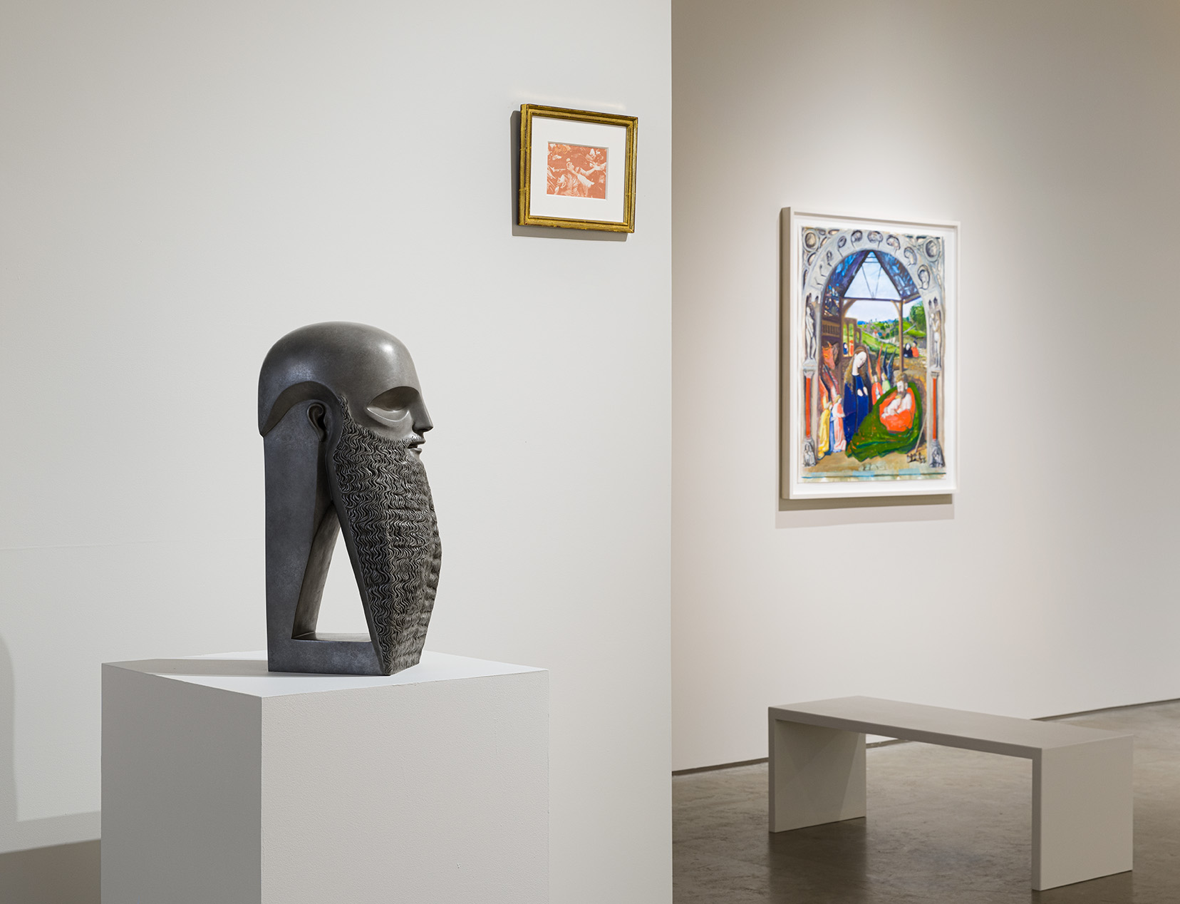 (From left to right) Sarah Peters, Pleasure Principle, 2023. Bronze with silver nitrate patina, 21 1/2 x 7 1/2 x 11 inches; Zorawar Sidhu, Police Officer Assaulting a Woman, 2019. Sanguine, Haematite, Earth Pigments, and gum bichromate on hand made cotton-linen paper with frame, 8 x 10 inches; Tirtzah Bassel, The Nativity (After Petrus Christus), 2021. Gouache on paper, 36 x 42 inches. Photo by Etienne Frossard.