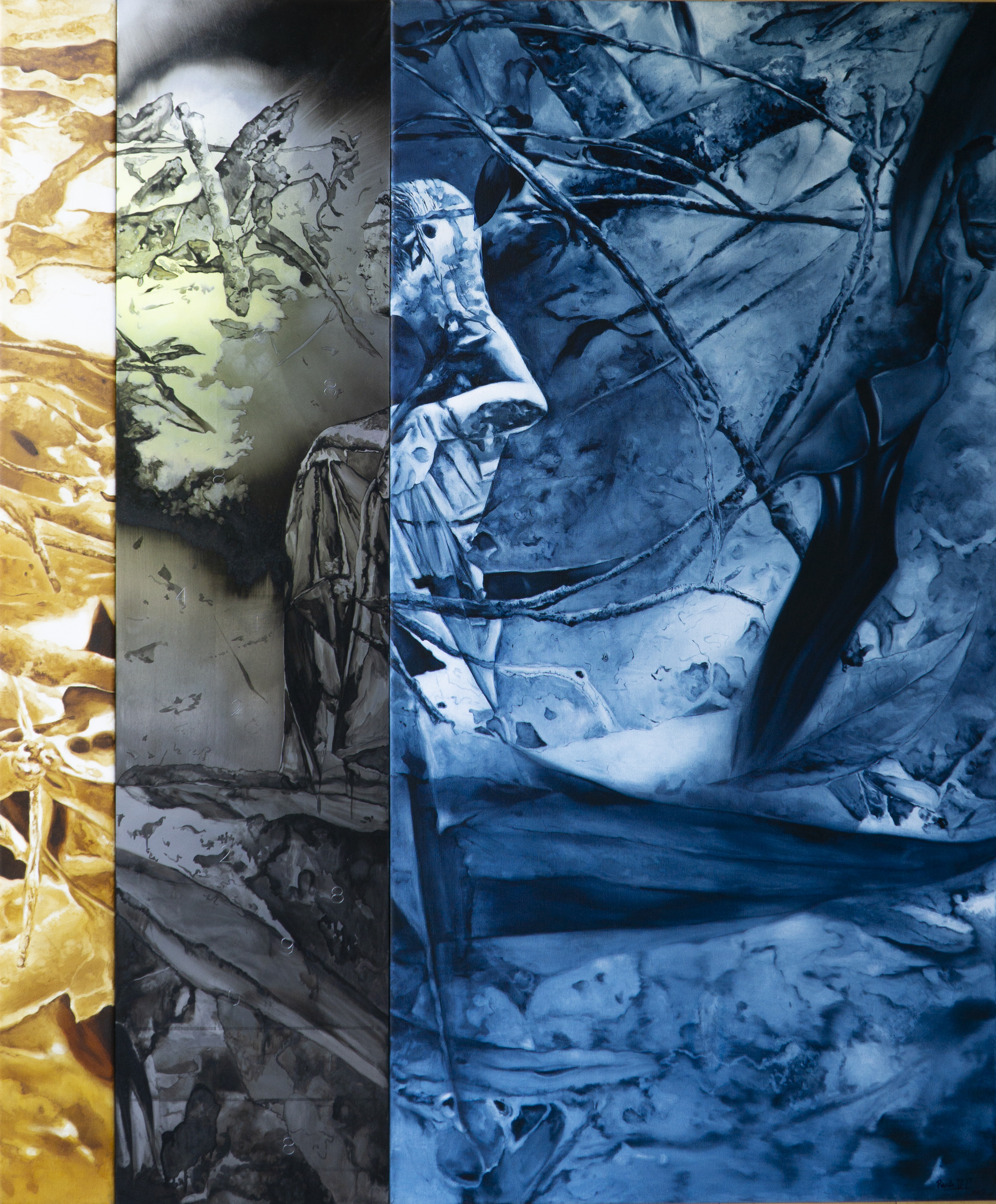 2020. "Tránsito oculto", técnica mixta, tinta y óleo sobre aluminio y tela, 120 x 100 cm