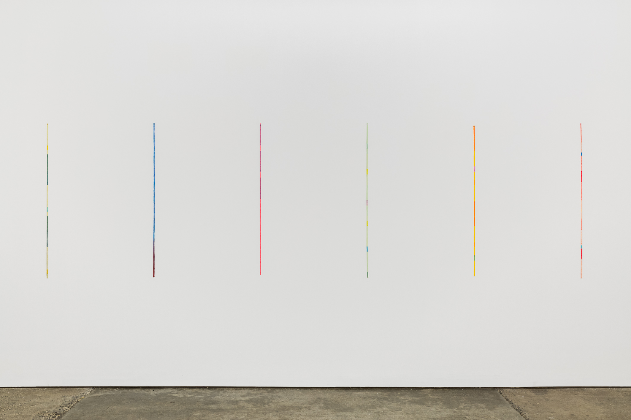 Patrick Lundberg, No title (1-6), 2017, acrylic and pencil on shoelace, enamel on pin, 112-116 x 1 cm each