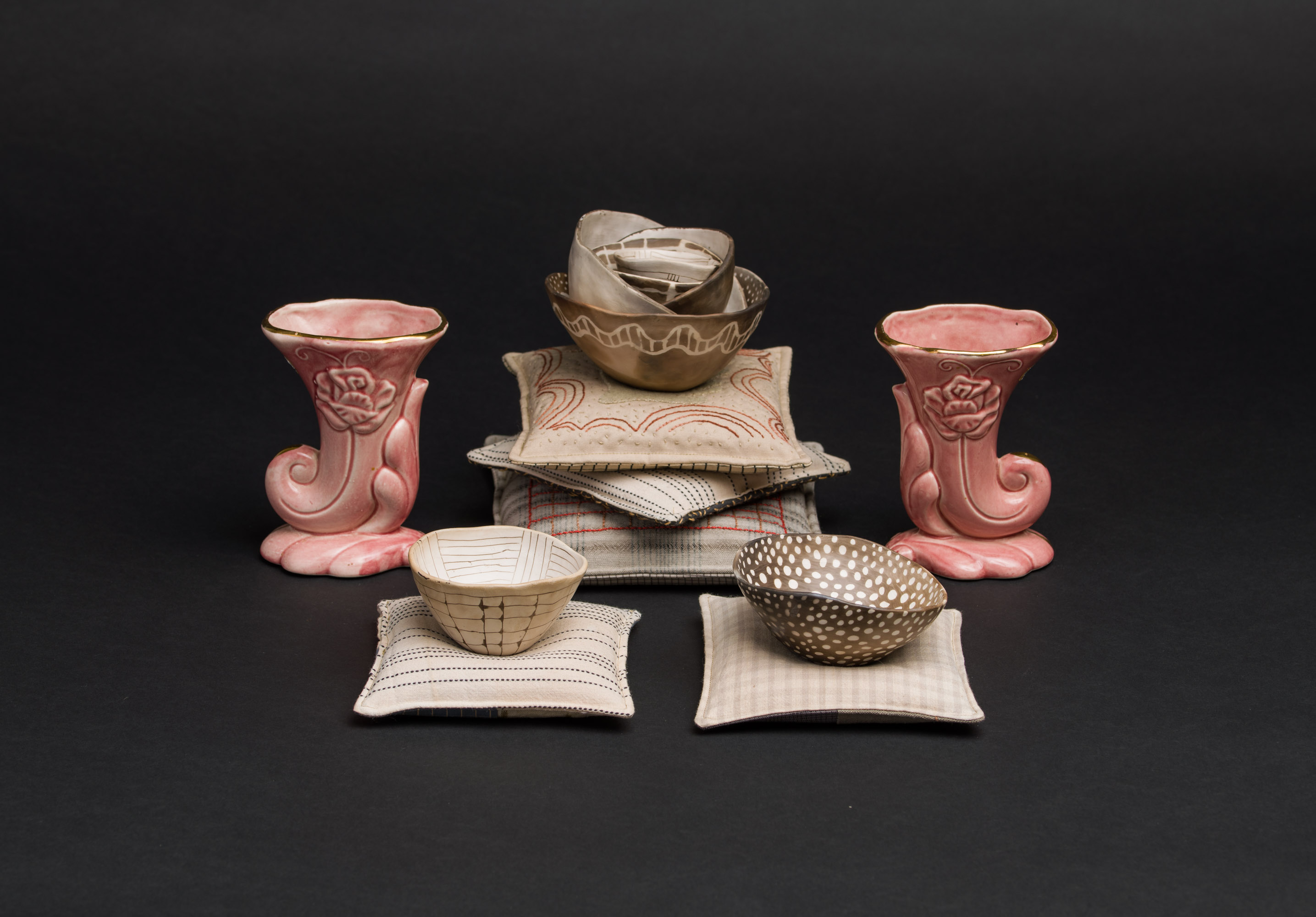 For Some Things There are no Wrong Seasons (III), 2021, handbuilt porcelain, smoke fired, with cotton, wool, found and altered objects, dimensions variable