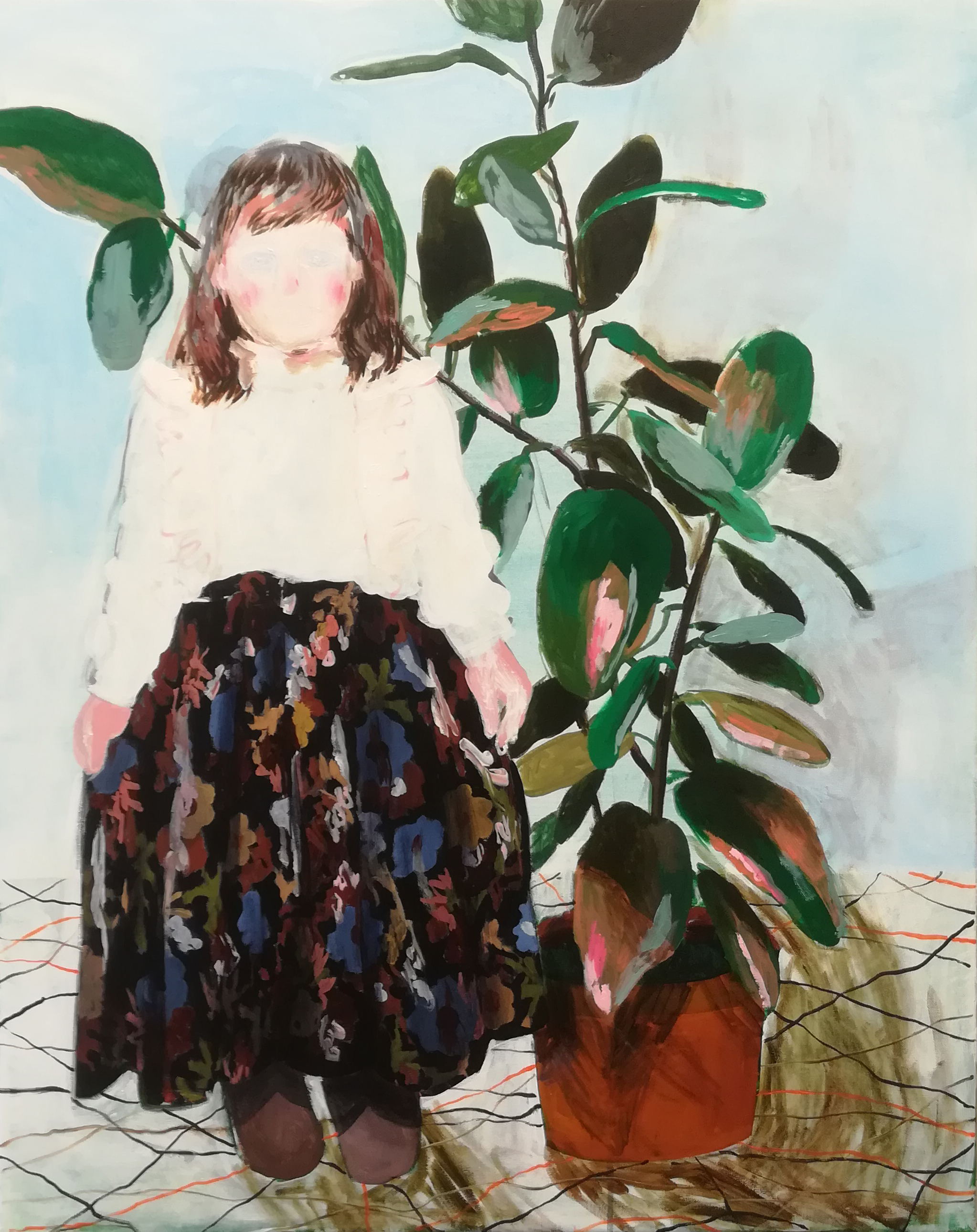 Girl with a plant, acrylic and oil on canvas, 100/80 cm