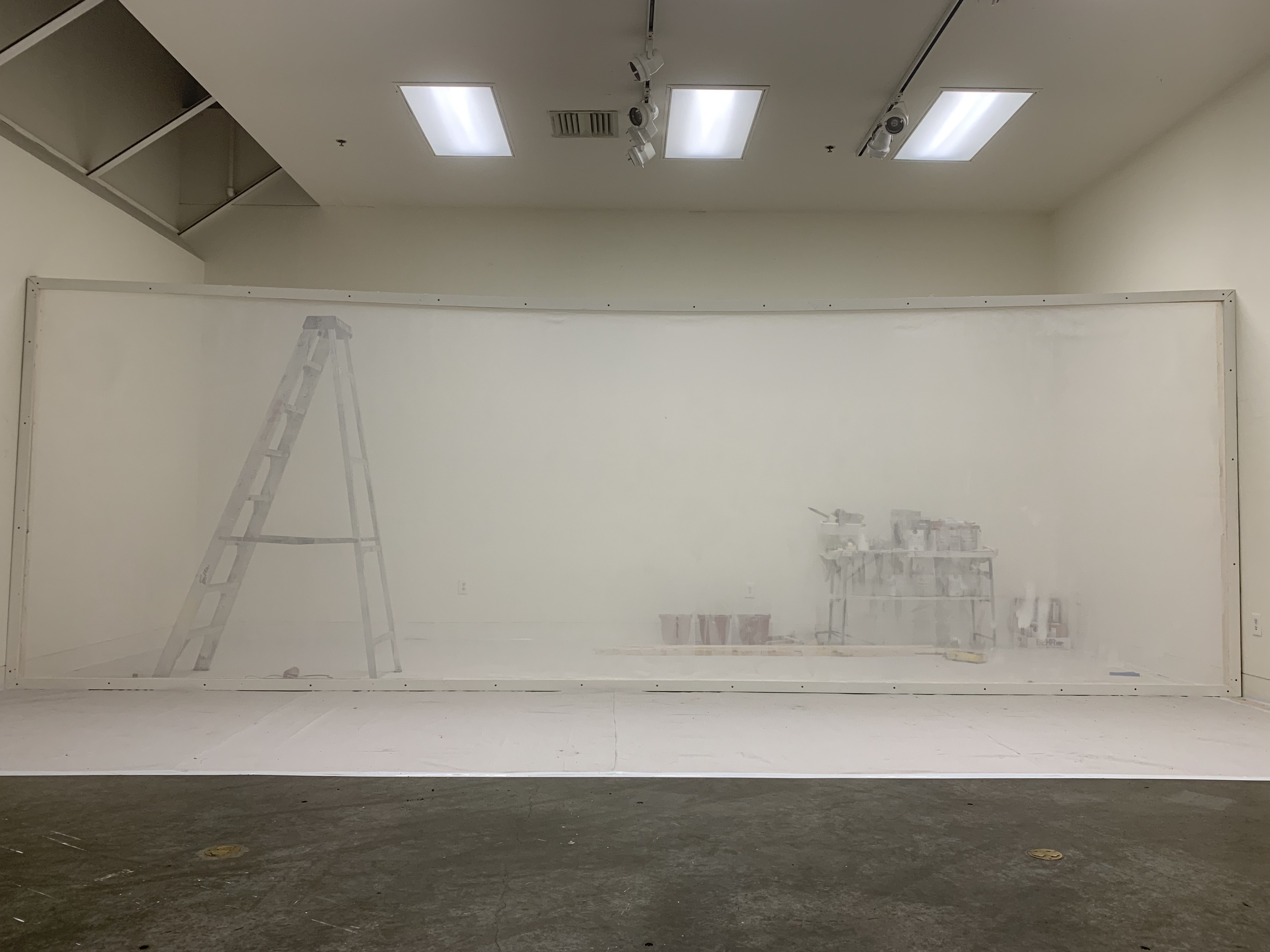 Installation View Pre-Paint, 72 Hour (1.20.29), latex on voile, 8'x25'