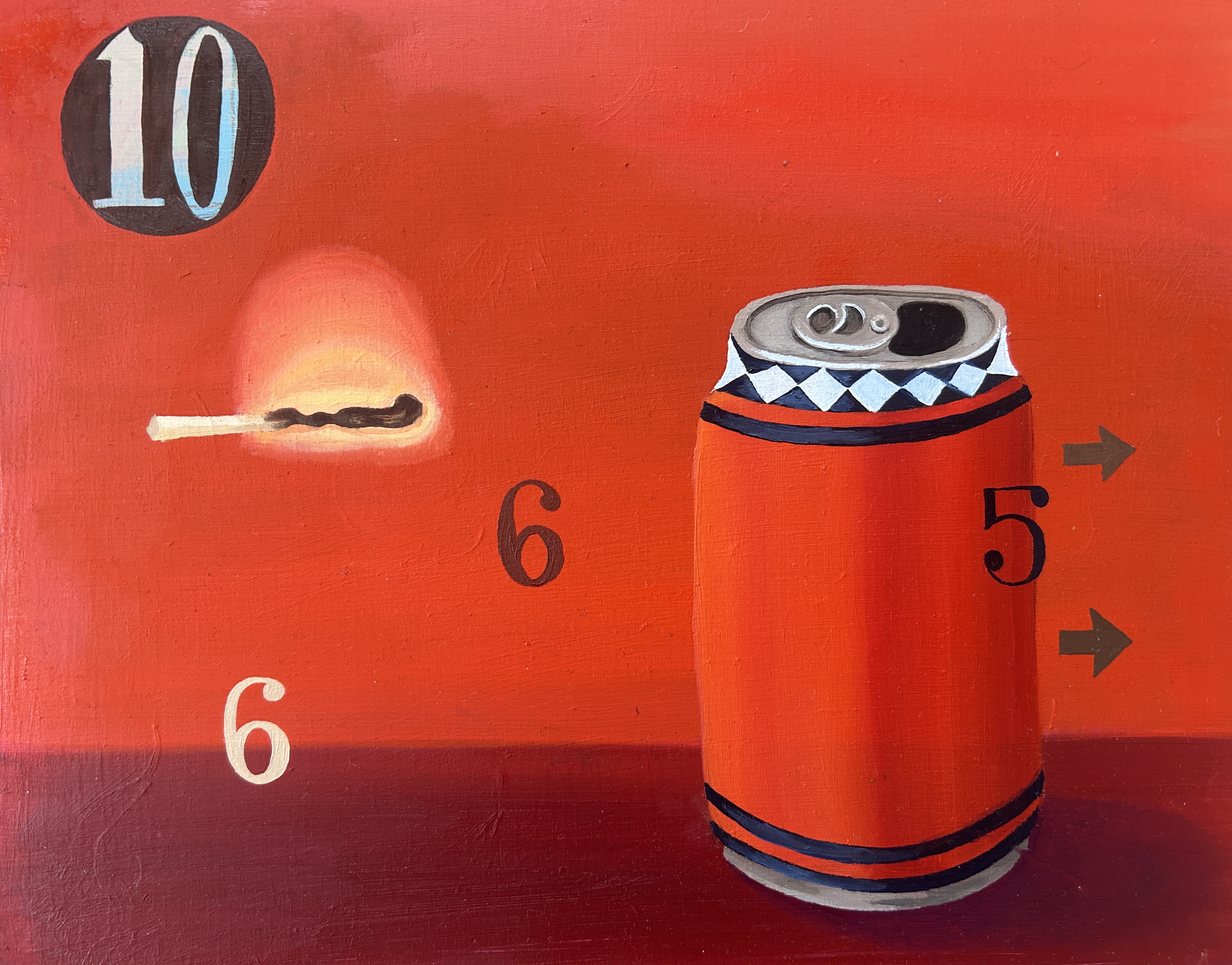 "i've only regretted alcohol once and it's a good thing i only believe in cartoon hell." oil on wood panel, 10"x8". May 2025.