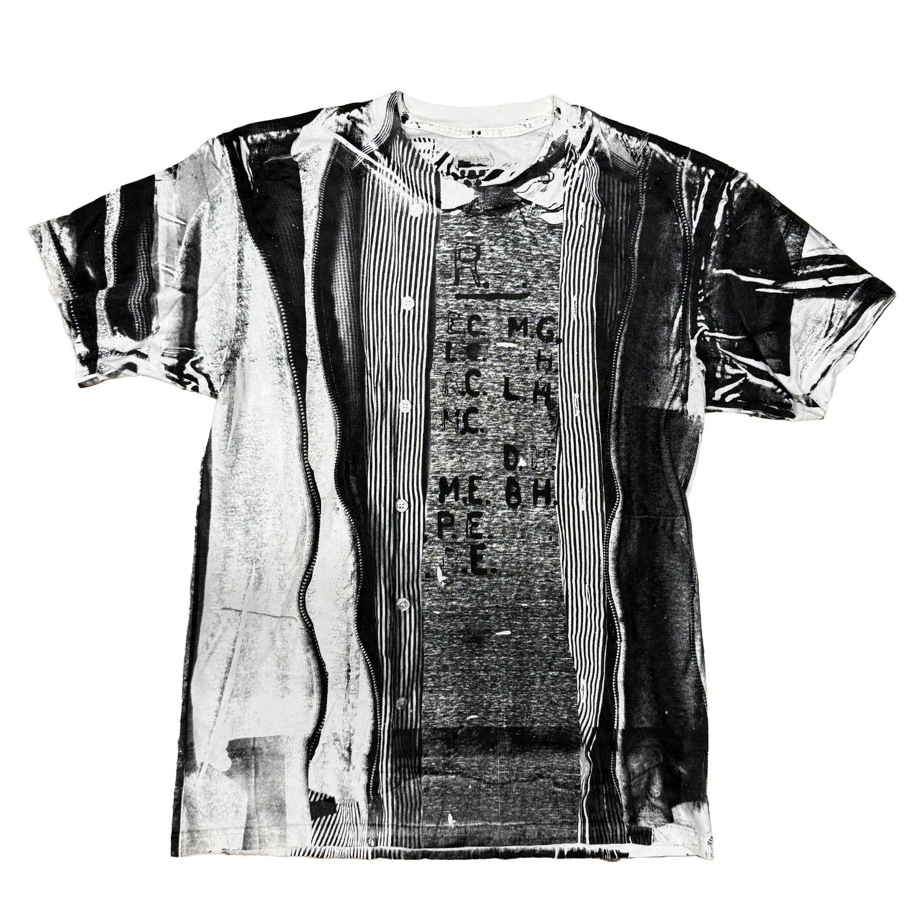 reclaimed vintage white tee allover printed with textile ink, fitted with custom button