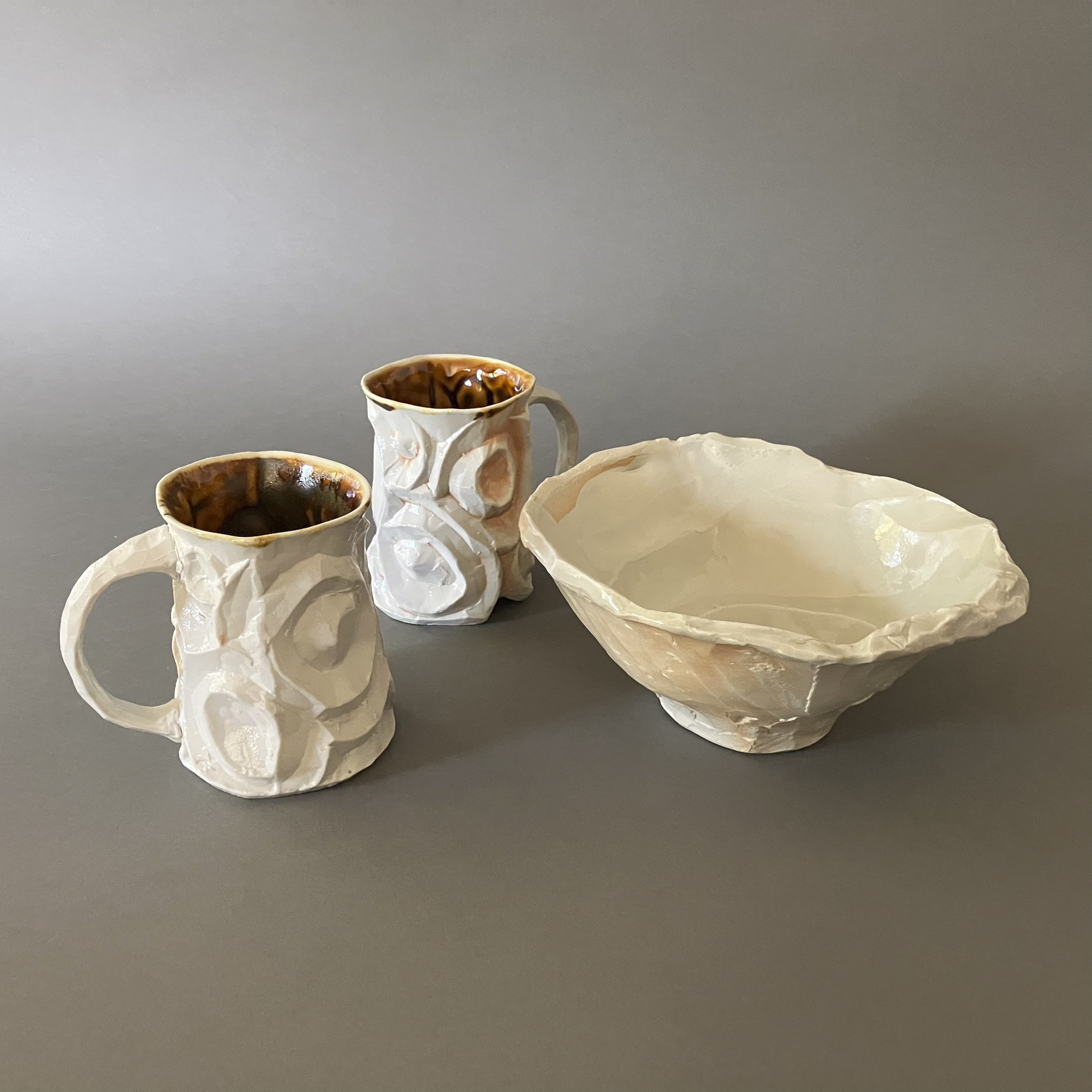 Frank Fabens "Spiral Bowl" and 2 "Squig Mugs"