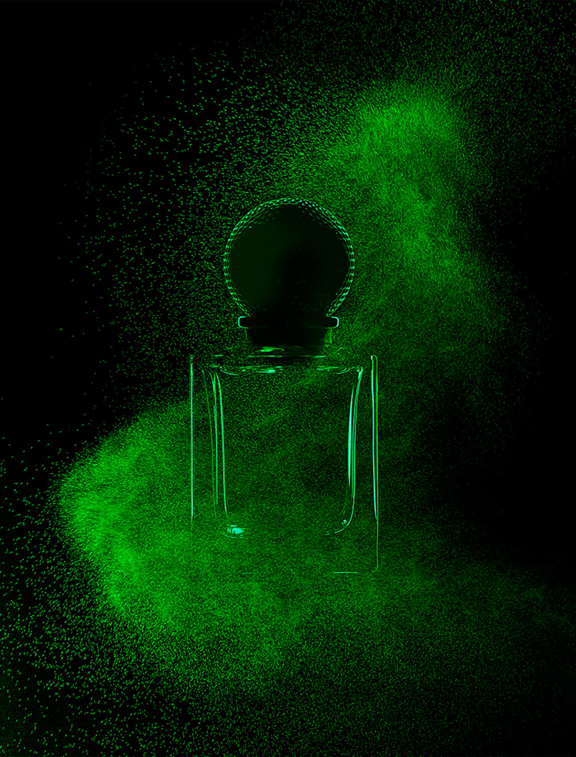 Still Life Photographer Isabelle Bonjean highlights fragrance bottles with a mystifying effect for Faux Q Magazine