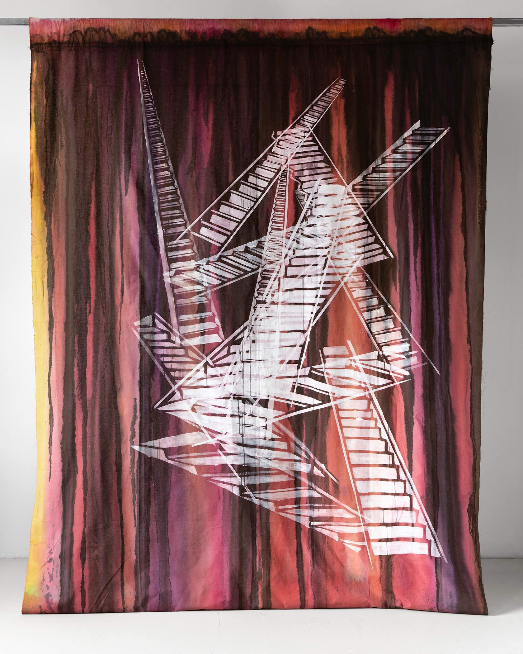 Ladders, 170cm x 226cm, calico fabric, dye, gesso, 2020