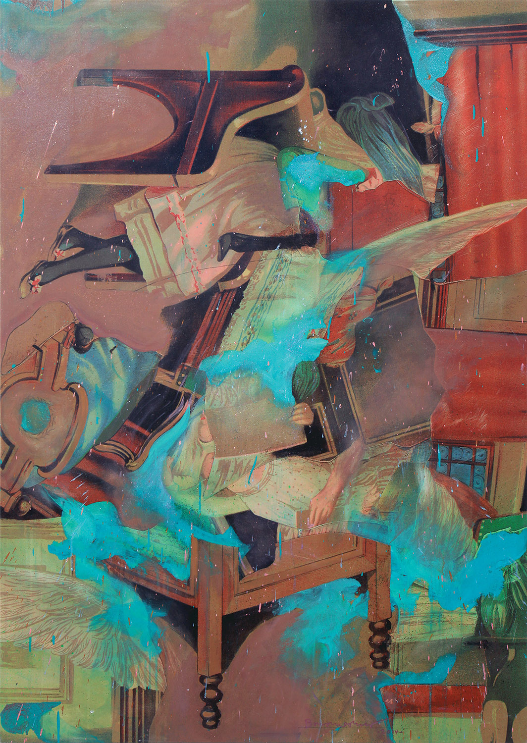 Bedlam, 2013, Original acrylic on canvas with printed background, 60 x 40 in.