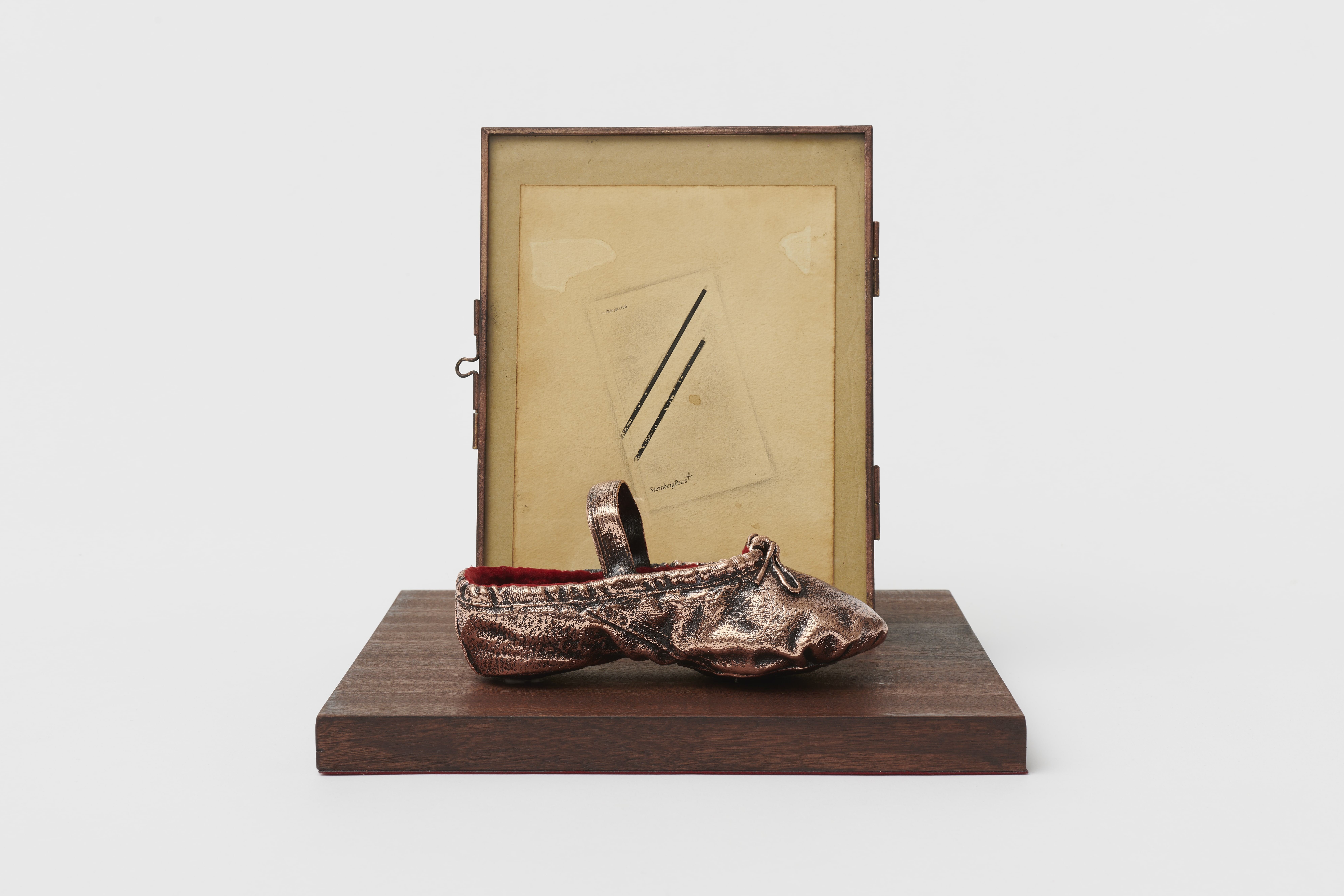 Smart, 2023 custom bronze cast, found frames, velvet, bronze imitation paint, mahogany imitation paint, giclée print German etching dyed in instant coffee 18 x 23 x 16 cm 7 1/8 x 9 x 6 1/4 inches