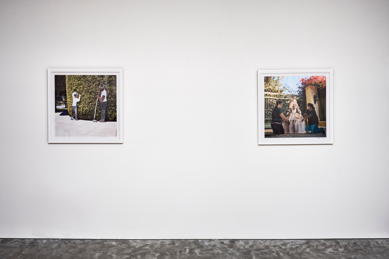 Left: Jay Lynn Gomez, "Gardeners, Doheny Dr., West Hollywood, 2012," 2017, archival pigment print, 30 x 30 inches. Right: Jay Lynn Gomez, "Las Meninas, North Fairing Road, Bel Air, 2013," 2018, archival pigment print, 30 x 30 inches. Photo by Go Sugimoto