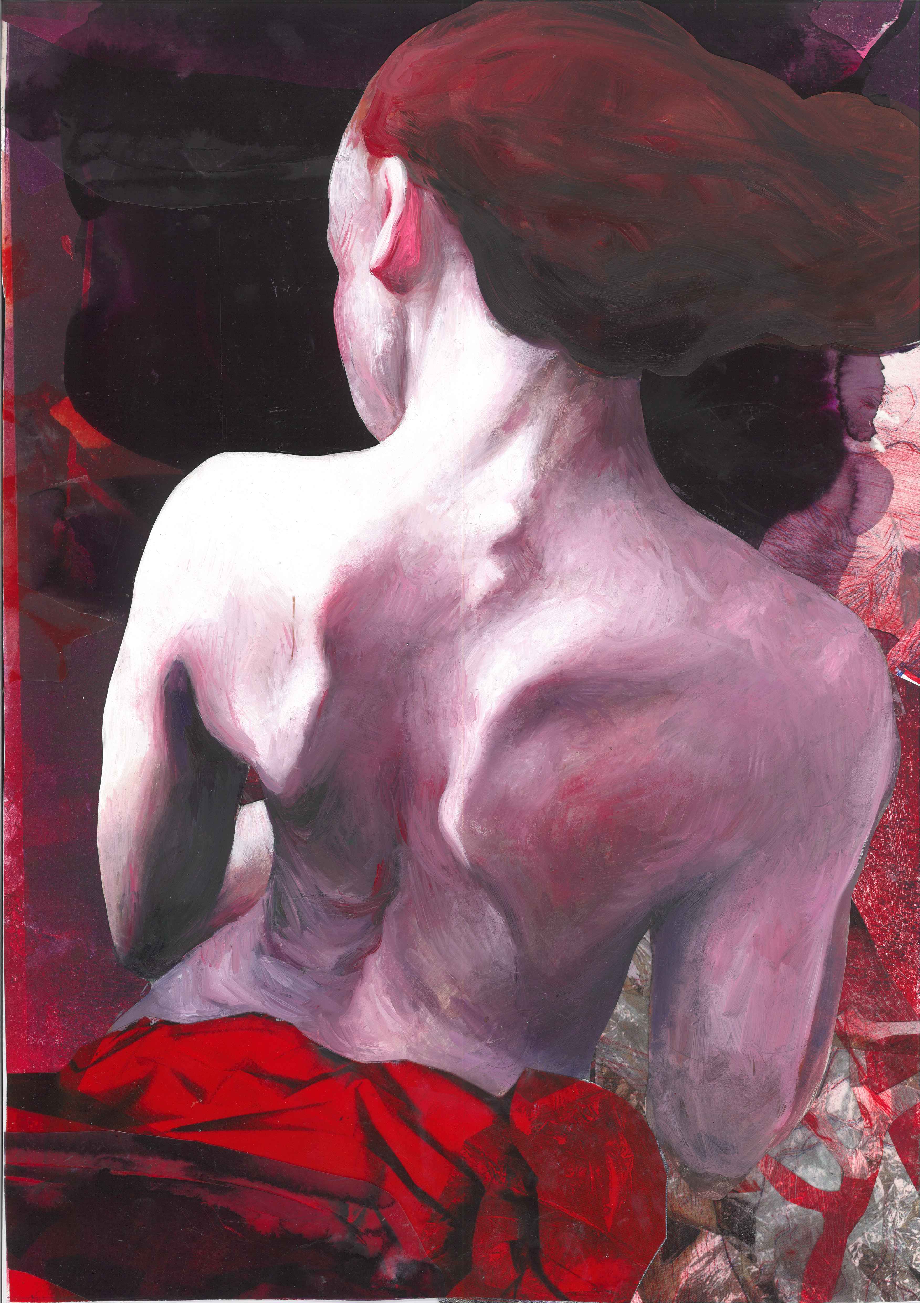 Ophelia #11 (Work in progress)Ölfarbe auf Papier, Collage mit verfremdeten Fotomaterial sowie Radierung, 28 x 44cmBuchprojekt „Es neigt ein Weidenbaum sich übern Bach“ Ophelias Tod nach Shakespeare2022-2023