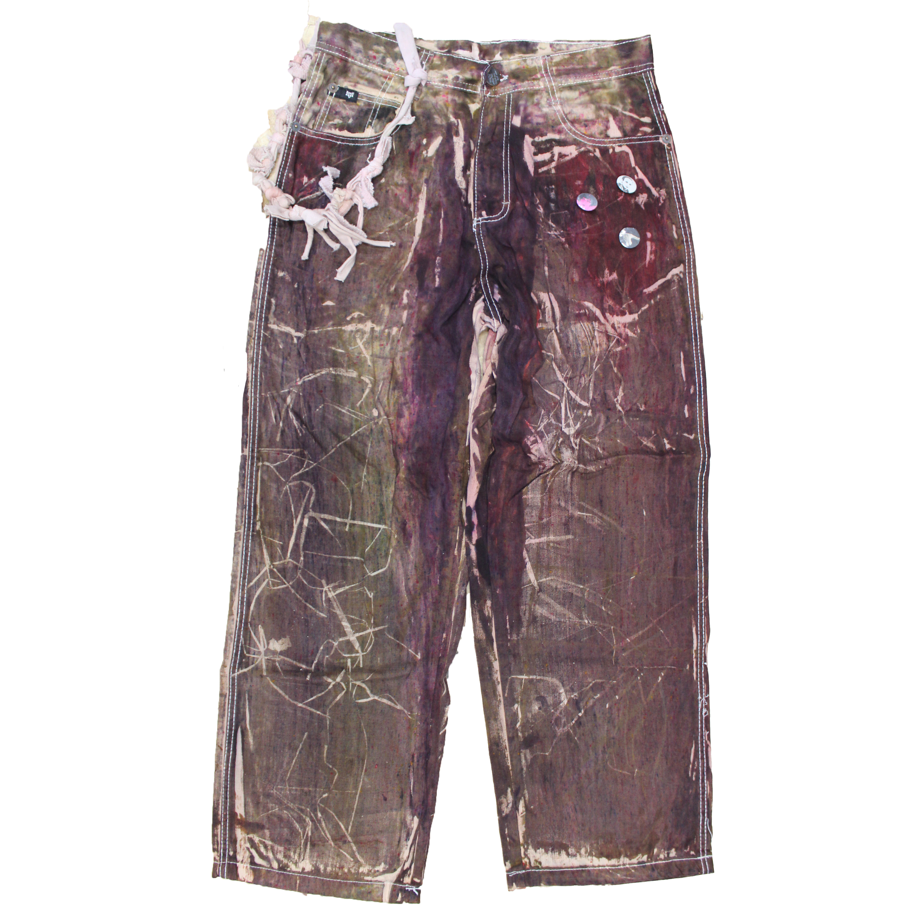 reclaimed vintage surplus denim screen printed with textile dye & grass resist. tailored for straight/wide fit. fitted with custom keychain, scrap chain, and leather patches