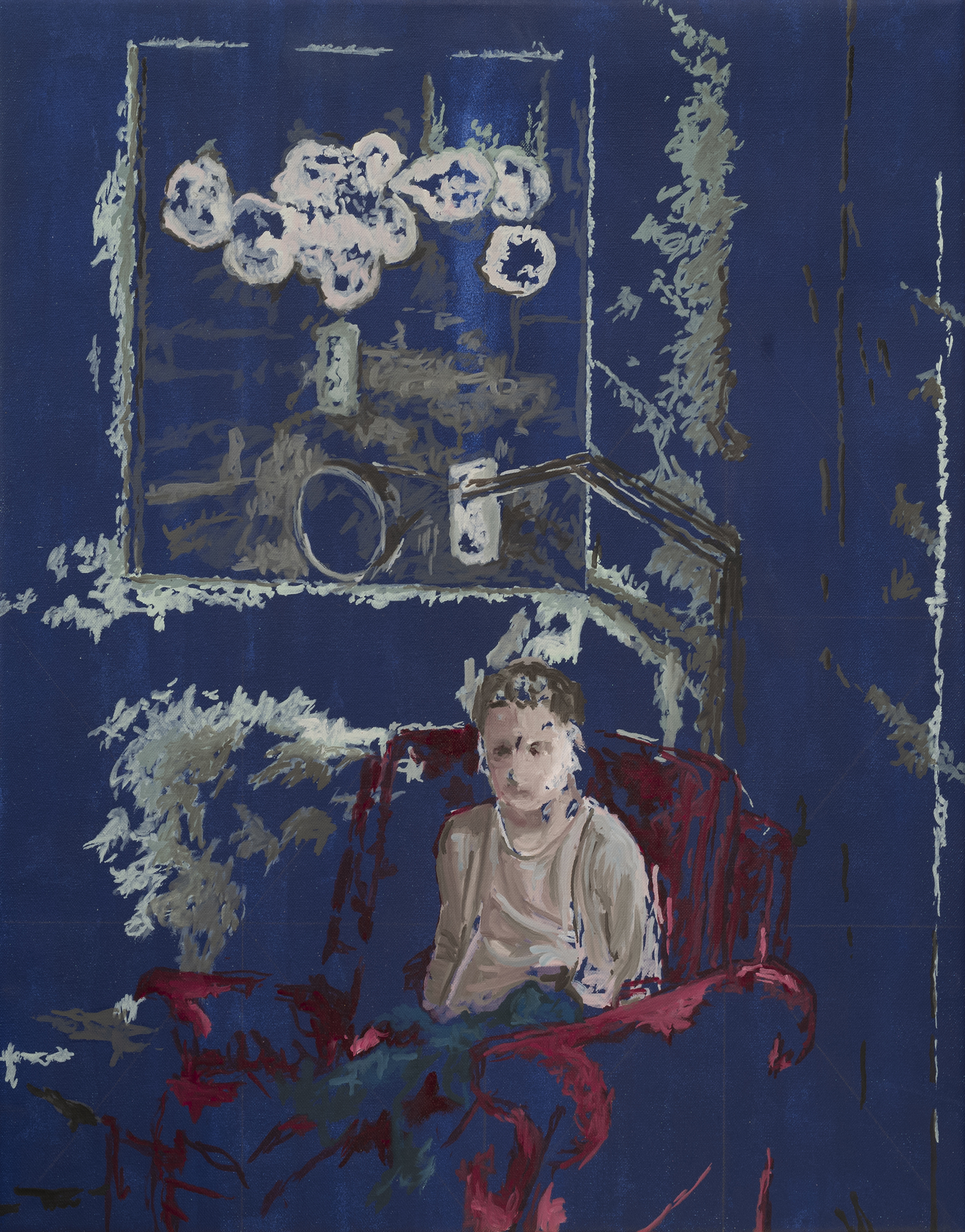 "Incomplete pointcloud of Ava in red chair with peonies" - Acrylic And Oil On Canvas - 70cm x 55cm