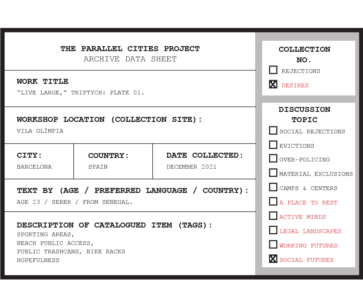 Archival tag for triptych, plate 01, COLLECTION 02: Desires // Chapter 02.5 “Social Futures.” Workshop in Vila Olímpica, Barcelona ES. 