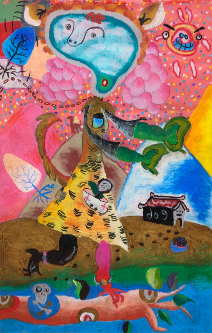 Running Puppy / crayon on colored paper / 42* 29.7(cm) / 2005 (age 11)