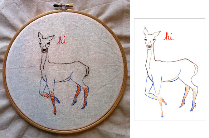  A side by side comparison of an embroidery made from the painting. 7" round. 2012.