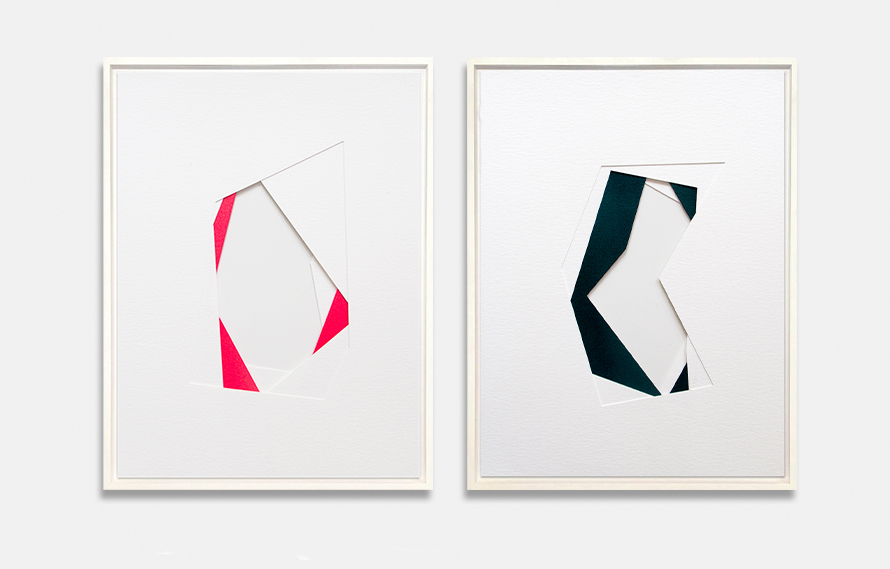 Gustavo Blanco Uribe, Causa y Efecto 1 S & 4 S, 2019. Paper and acrylic paint, 30.5 x 22.8 cm each.