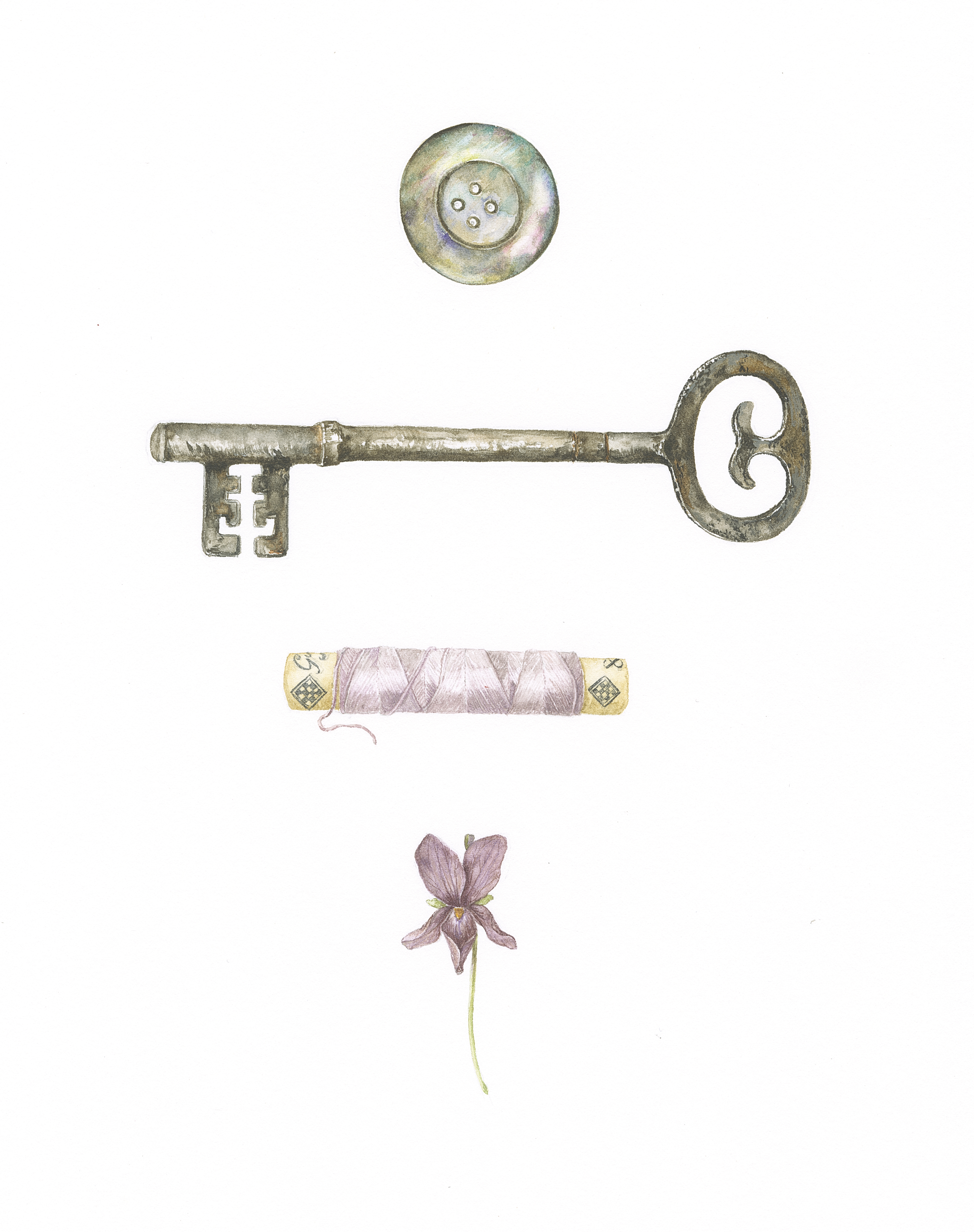 Button, key, silk and Viola odorata 'groves dusky maiden'