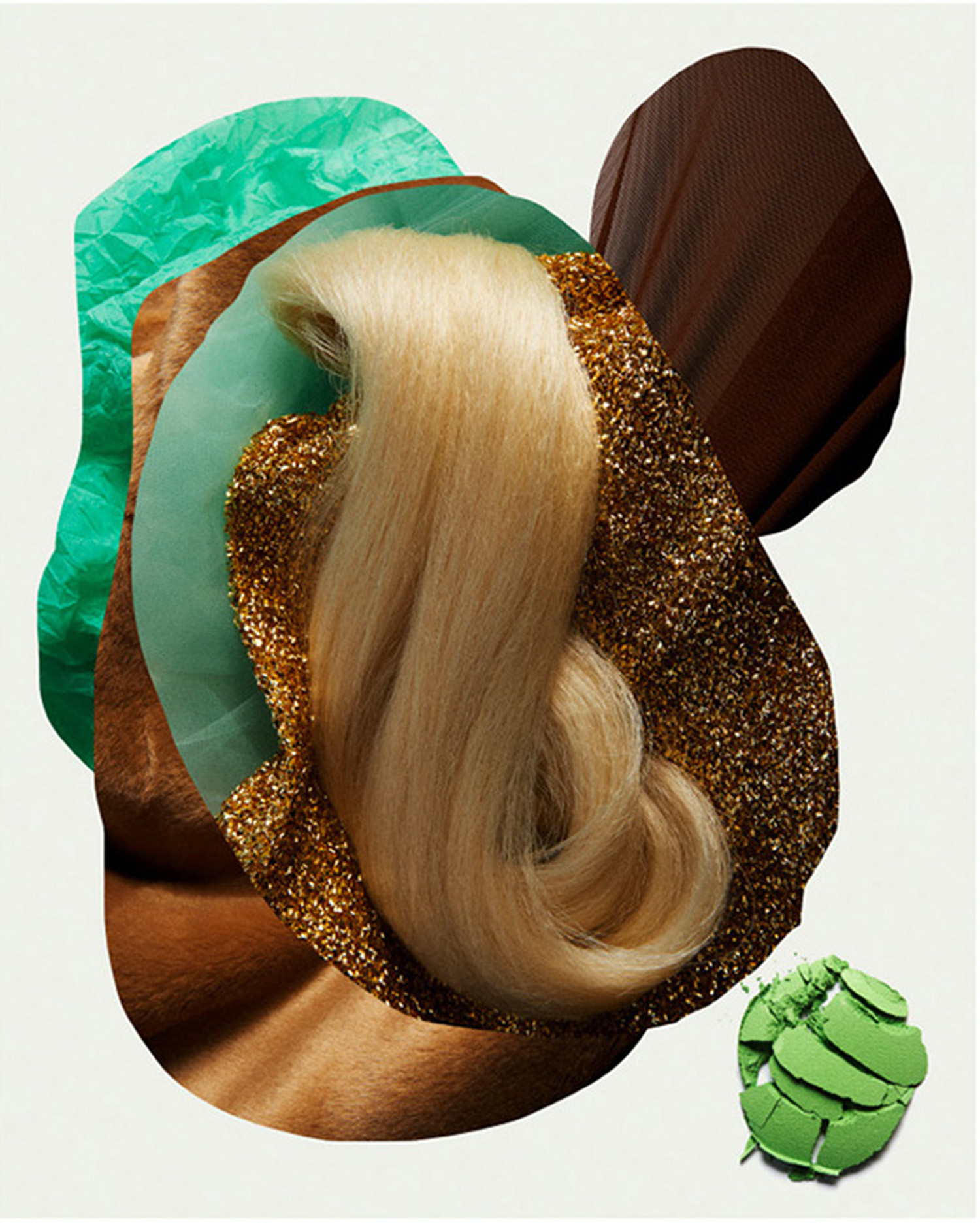 KMA stylist Sara Wacksman designs set for an abstract photo of a collage of a blonde wig sparkles and broken green powder