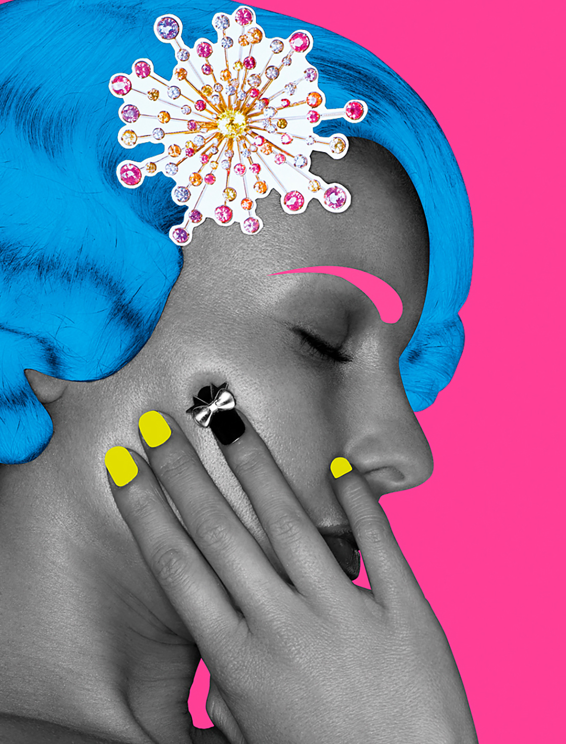 KMA photographer Isabelle Bonjean shoots black and white photo of a  woman's face with yellow nail polish for Vogue Japan