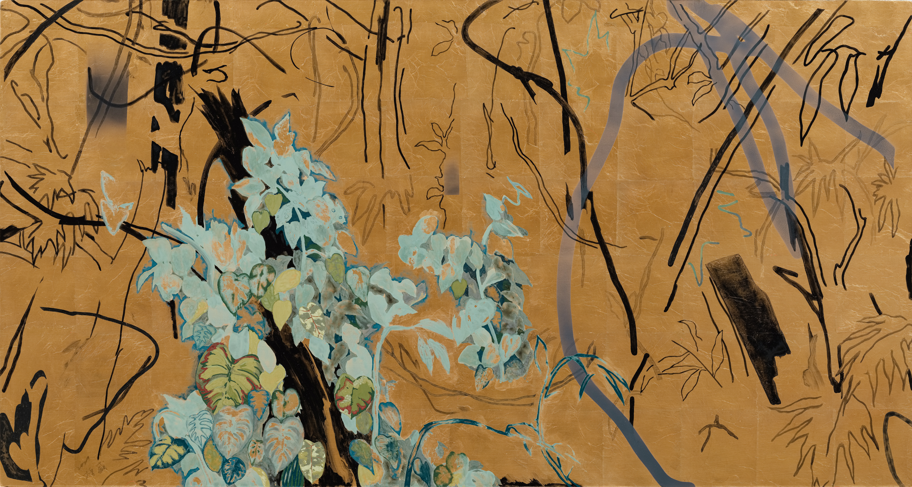 Chaos#10, 2021, ink, mineral pigment, metal foil on canvas, 80x150cm (31.5x59.1 in)