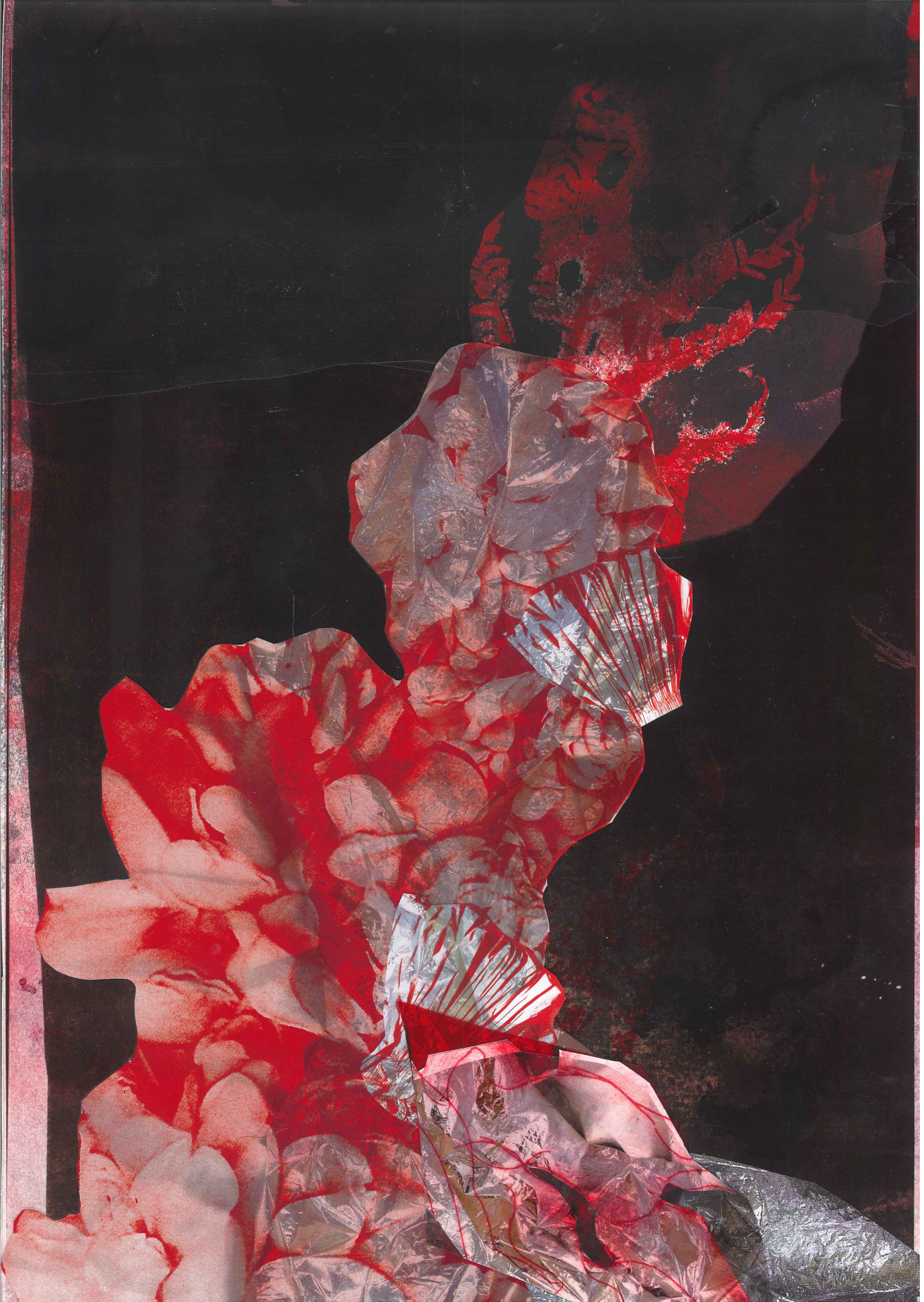 Ophelia #7 (Work in progress)Ölfarbe auf Papier, Collage mit verfremdeten Fotomaterial sowie Radierung, 28 x 44cmBuchprojekt „Es neigt ein Weidenbaum sich übern Bach“ Ophelias Tod nach Shakespeare2022-2023