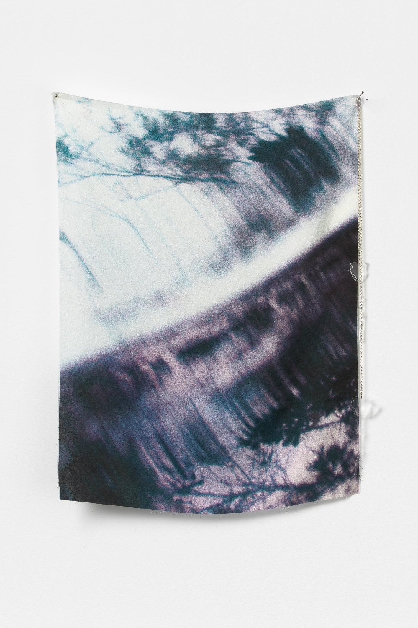 Tim Wagg, Stumbling alongside one another (3 of 3), 2018, Digital print on charmeuse silk, silver chain, acrylic, spray paint