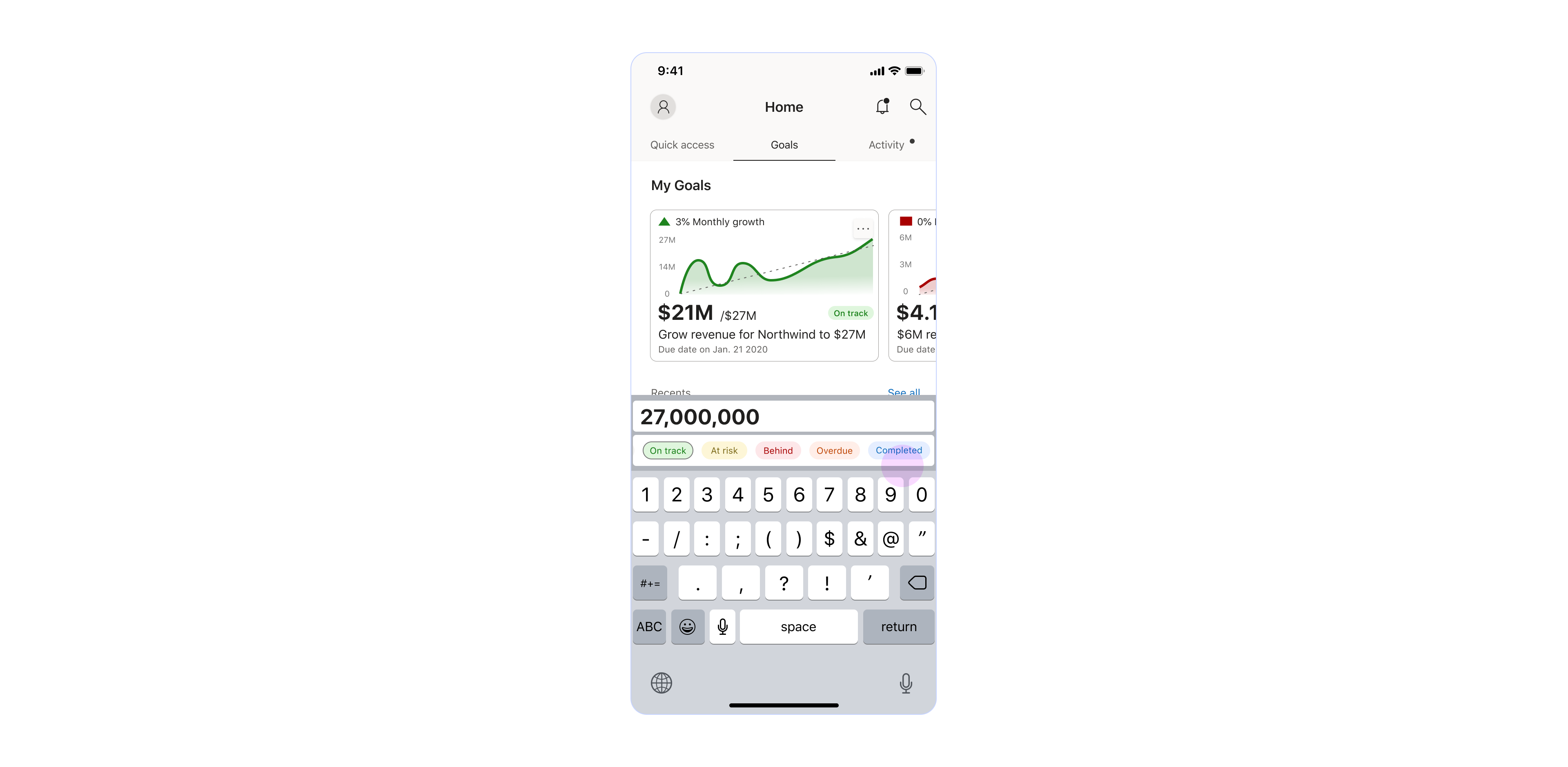 User updates the goal value and status.