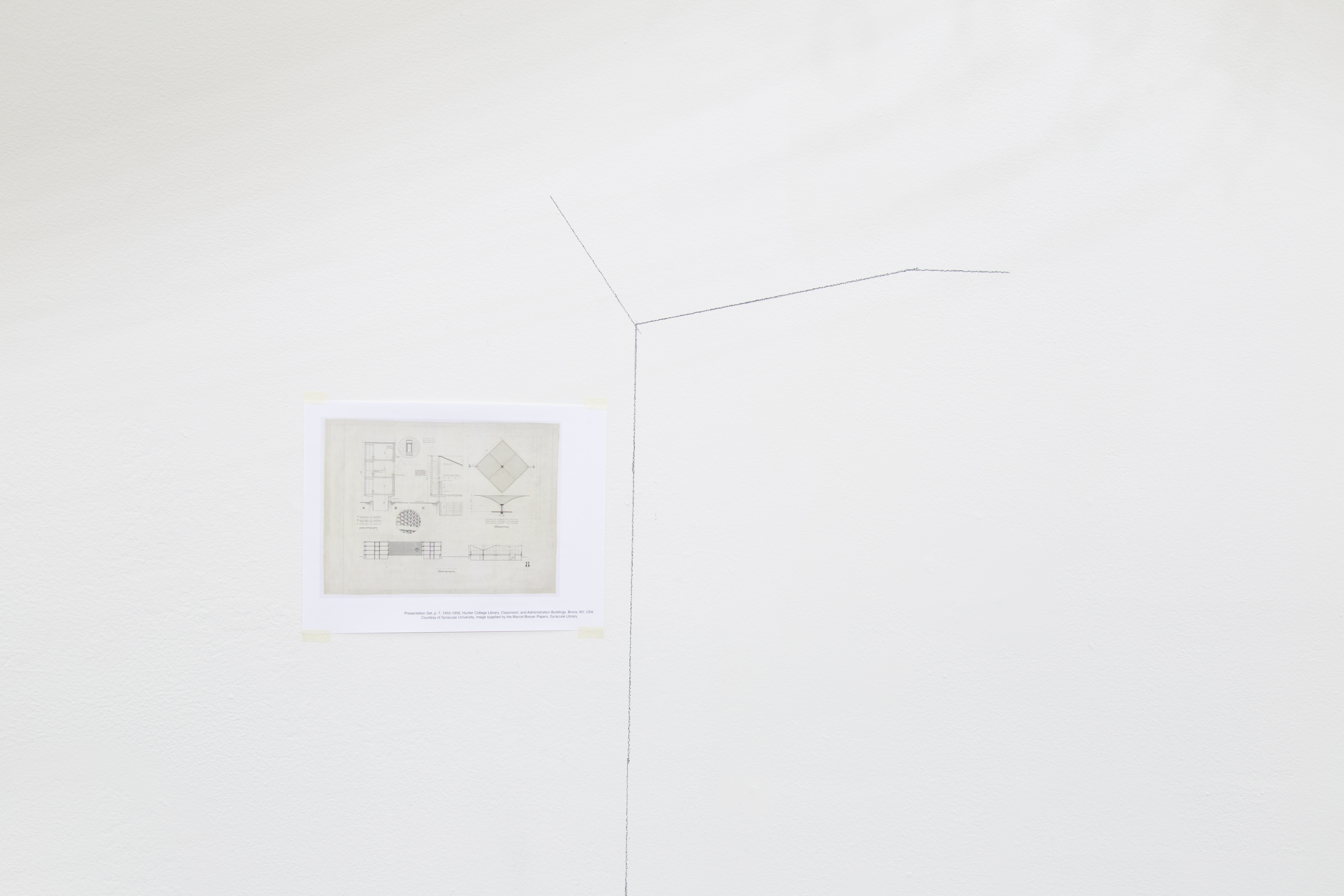 Detail view of wall drawing and Presentation Set, p. 7, 1955-1959, Hunter College Library, Classroom, and Administration Buildings. Bronx, NY, USA. Courtesy of Syracuse University, image supplied by the Marcel Breuer Papers, Syracuse University Library.