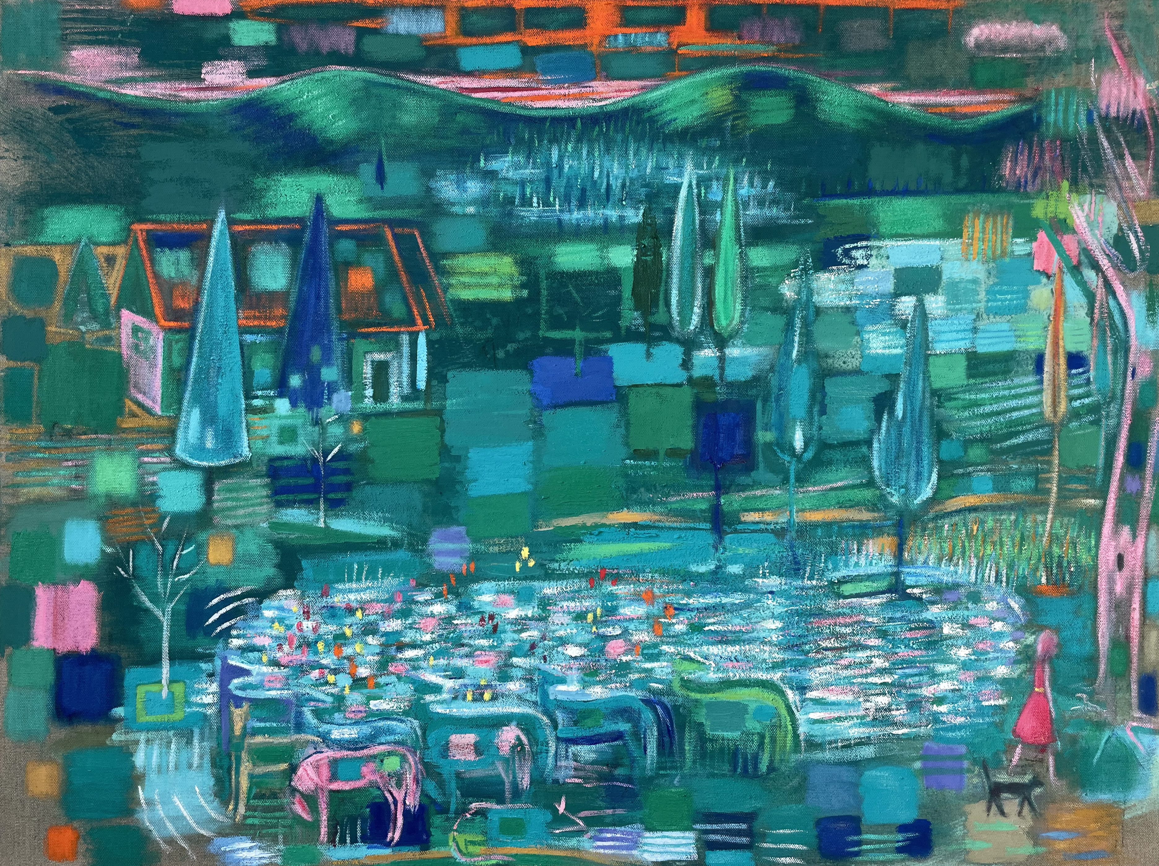 Girl in Landscape,  48" x 36" oil and distemper on linen, 2022