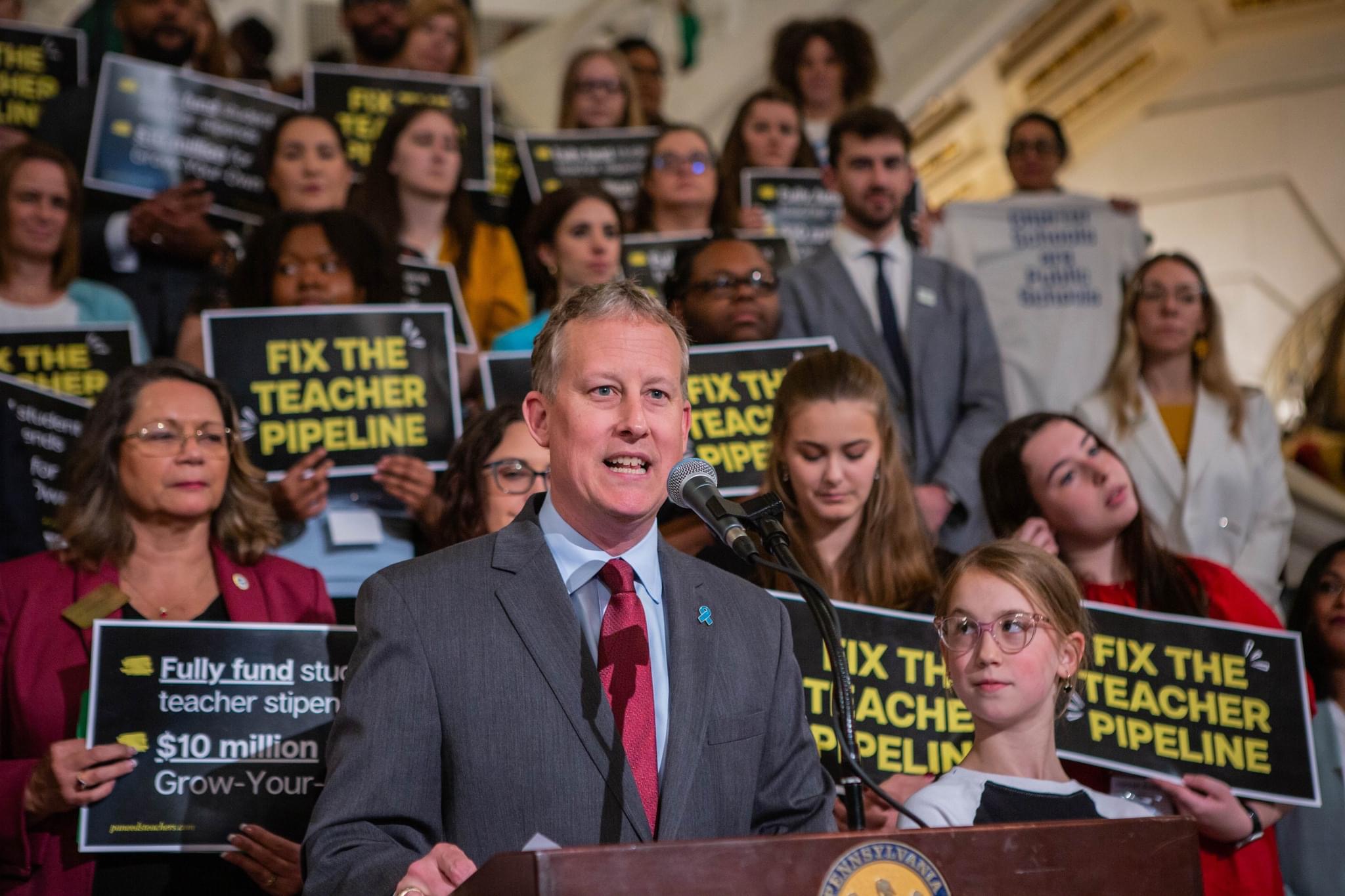 State Senator Ryan Aument speaking at a rally/press conference on May 7, 2024.