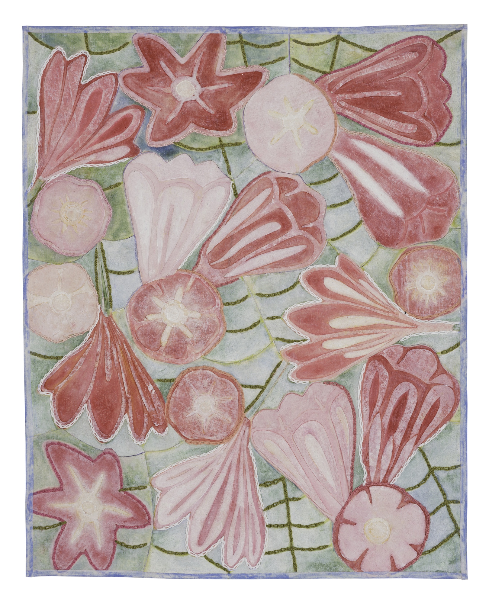  Flores para  los Muertos, 2022 . Color pencil, ink, oil and embroidery on cloth mounted on canvas . 45 x 33 cm