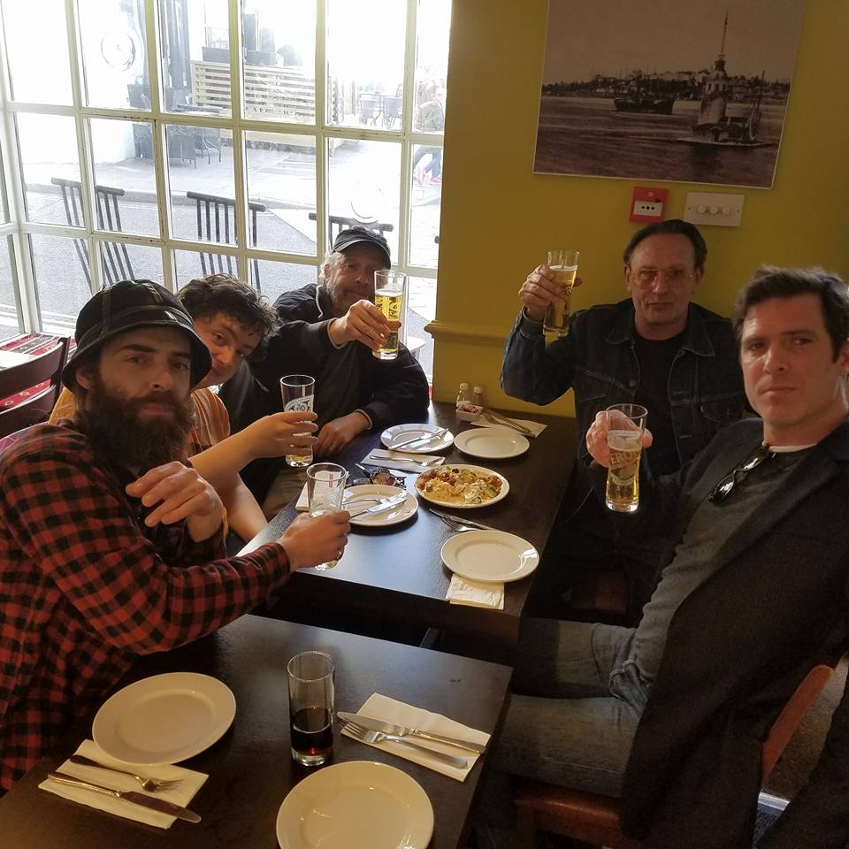 Brighton, UK 2017 with Mal from Cab Voltaire and Paul from Blast First mugging in a pre gig Turkish resturant. 