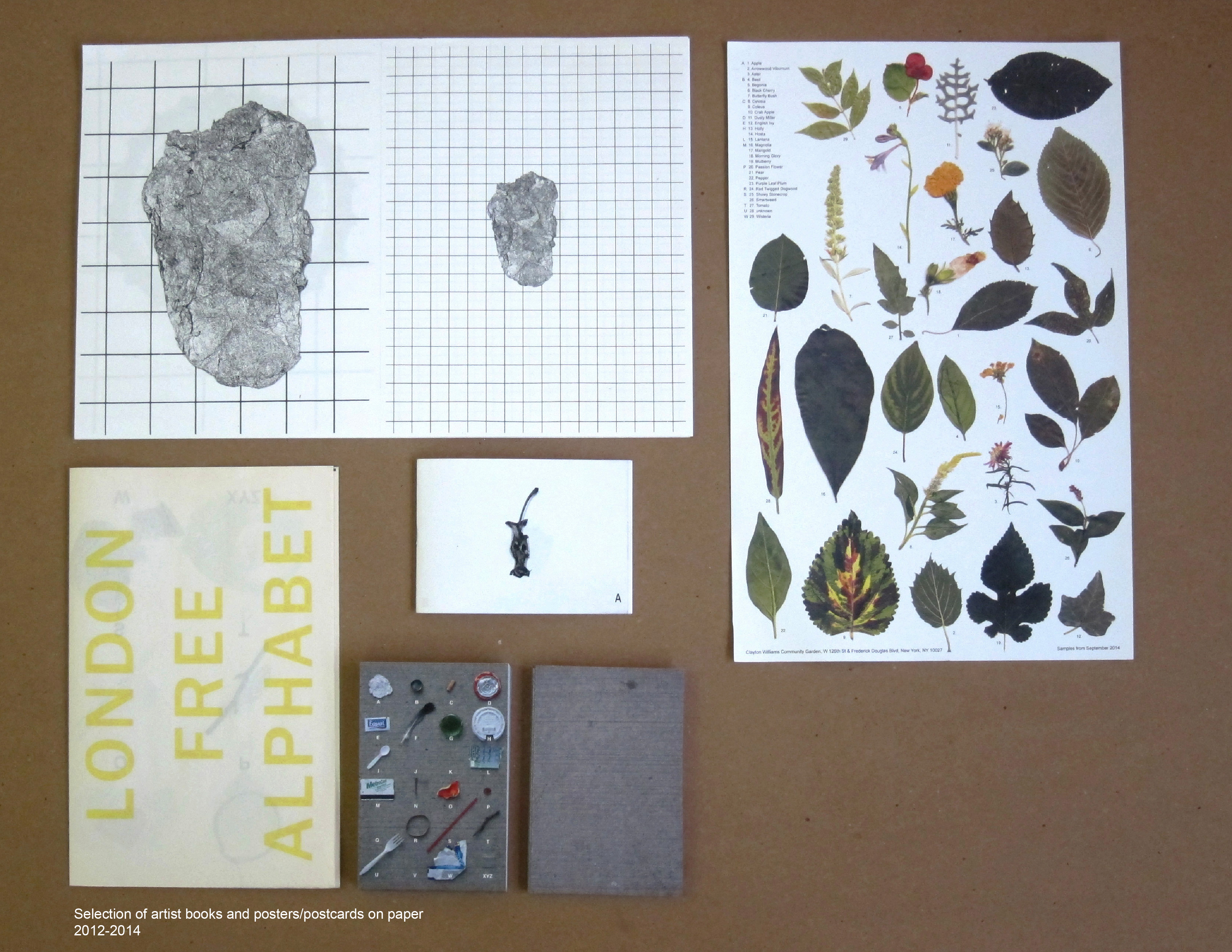 assorted alphabet zines/books/posters/cards