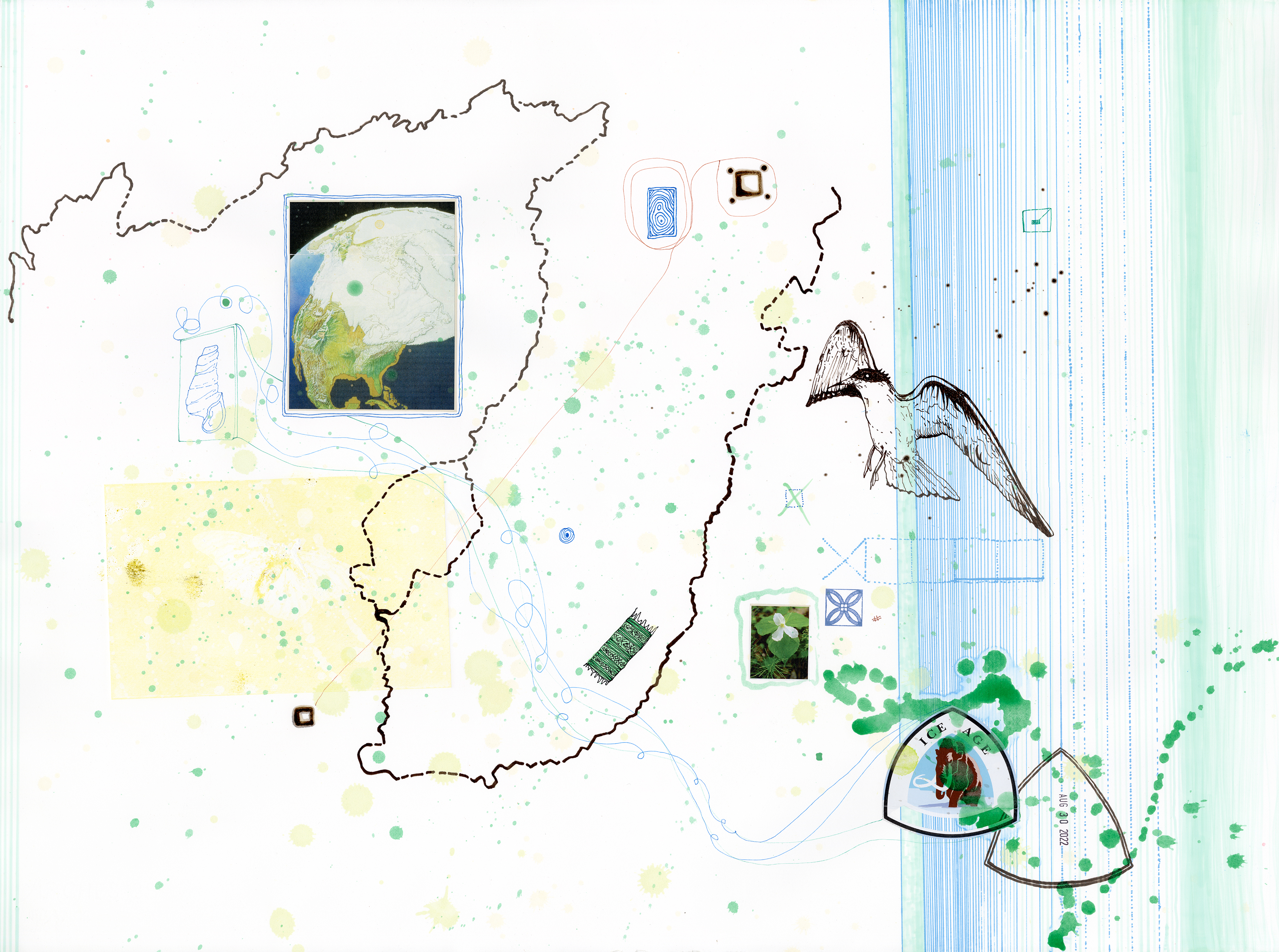 Drawing 17/56 from 56 days at the Dome House 22.5 x 30 inches, ink, Chine-collé, etching and stamps on Arches 88 paper- BUY