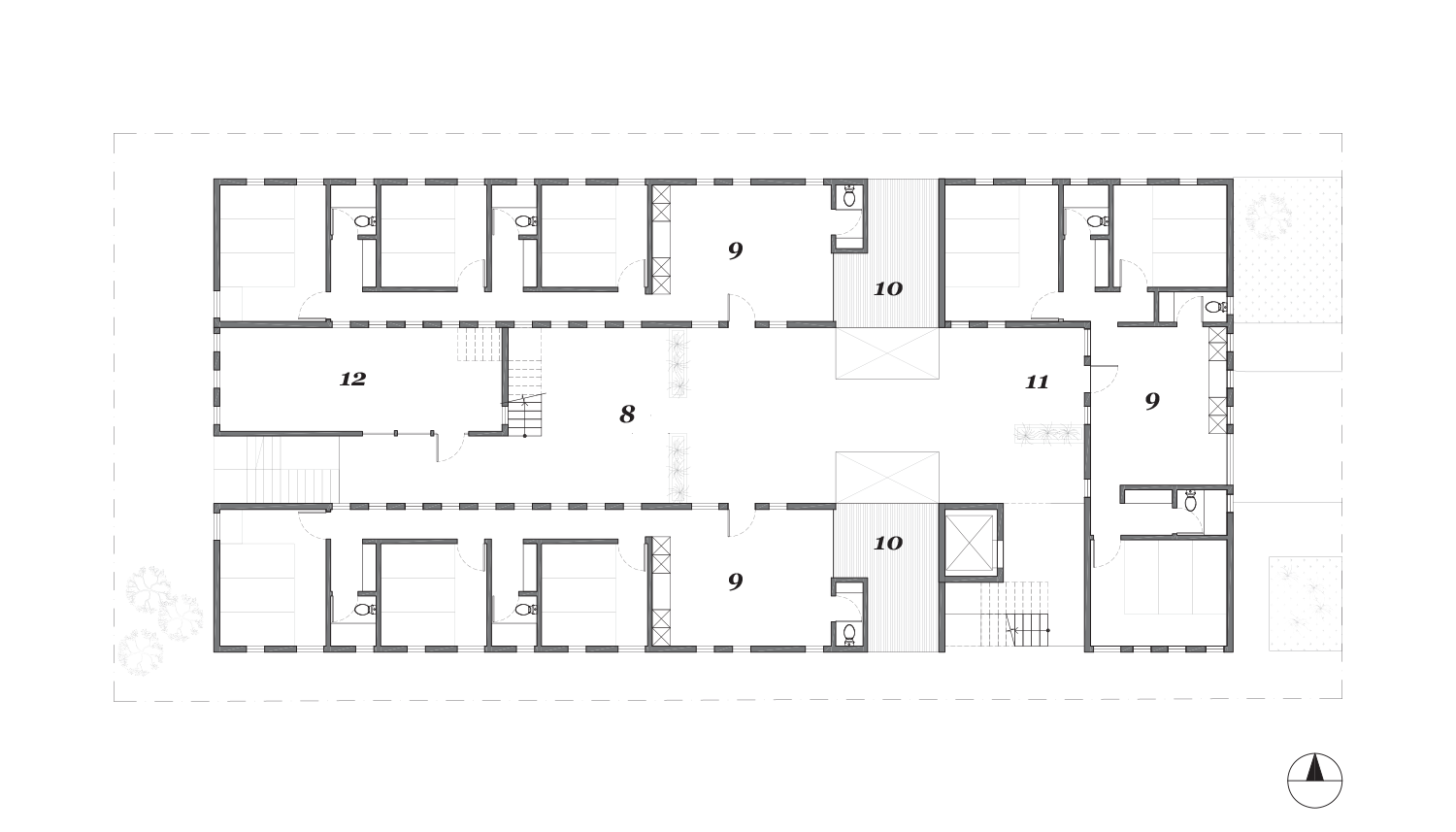 Level 02 - 1. Lobby 2. Parking 3. Laundry 4. Trash 5. Mechanical 6. Storage 7. Dog Run 8. Social Courtyard 9. 3br Unit 10. Private Patio 11. Semi-private Porch 12. Recording Studio 13. Entertainment Kitchen 14. Co-working Space 15. Roof Deck