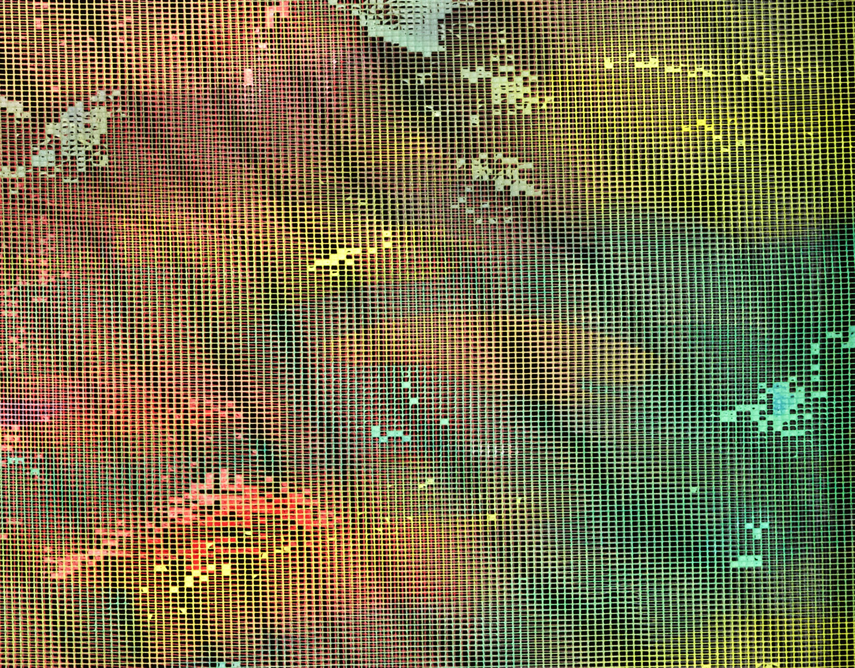 Iridescence [printemps]  (détail), 2023Iridescence [printemps]  (détail)acrylique sur moustiquaire, 40 x 40 cm  Photo @ValerieArchenoCollection privée