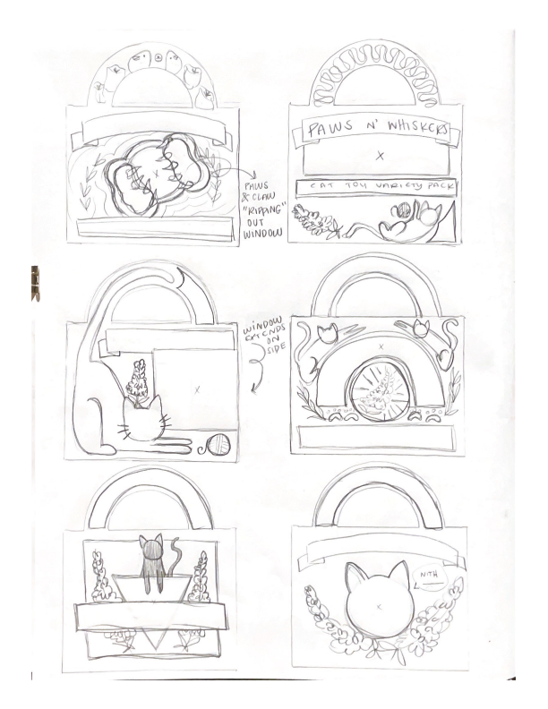 A scanned sketchbook page featuring preliminary work of the package design.