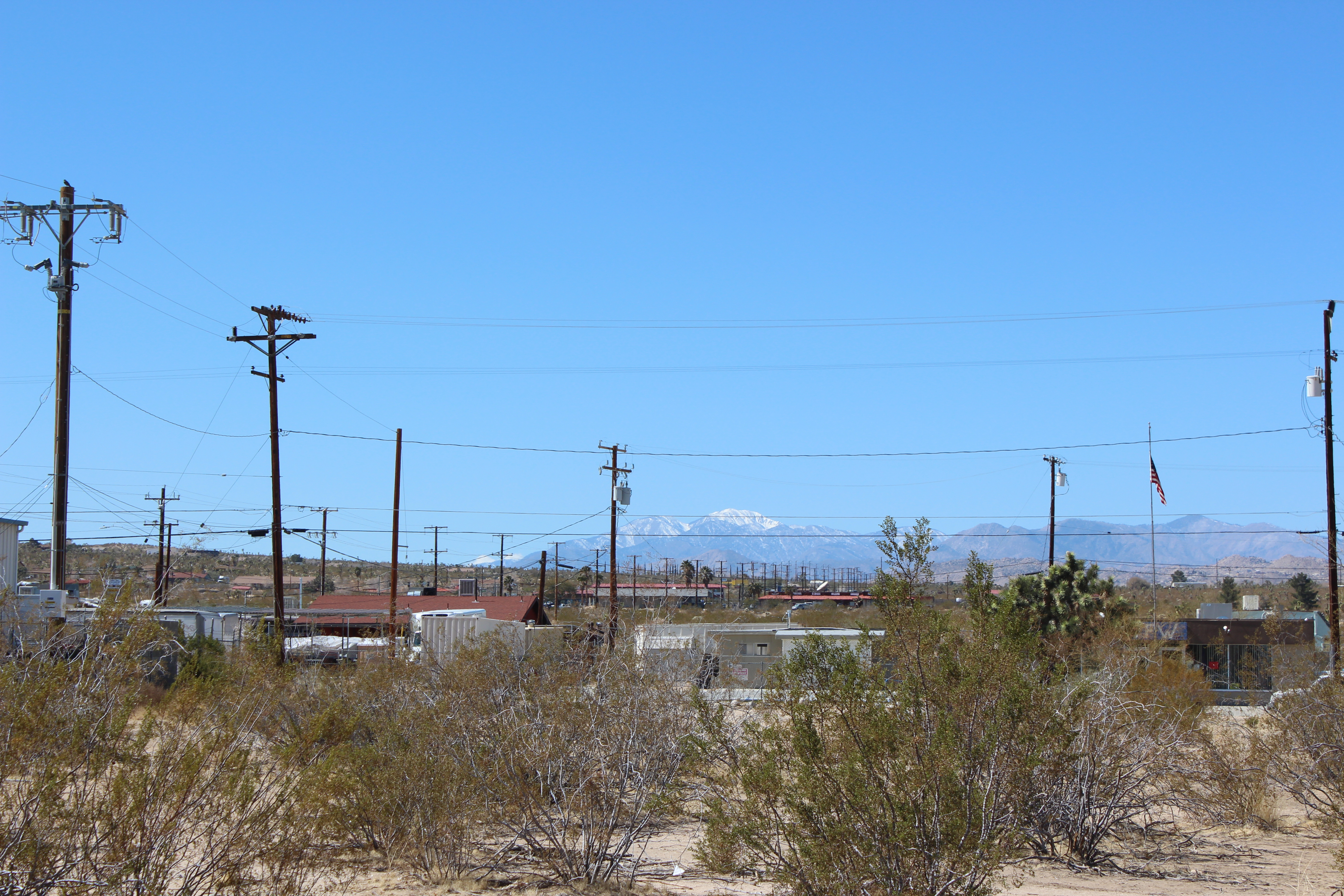 Mt. Gorgonio from the E, telephone wires, and creosote.
