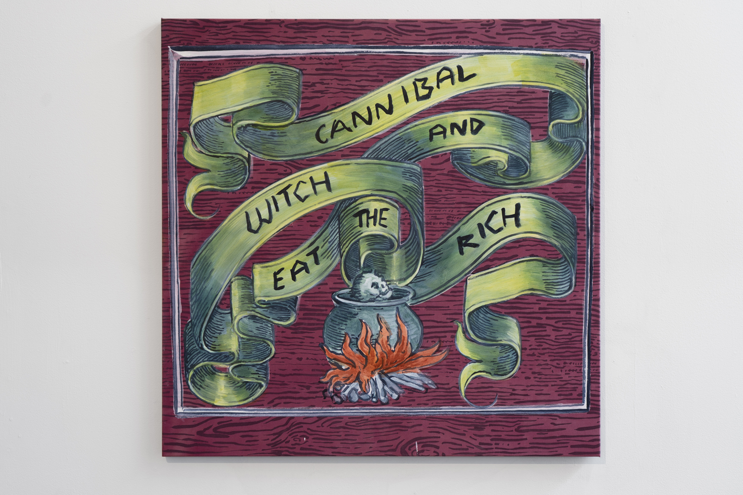 Cannibal and Witch Eat t he Rich, 2021 Titanium White, Mayan Blue, Indigo, Buckthorn berry yellow in egg tempera on calico mordant printed with brazilwood and madder.