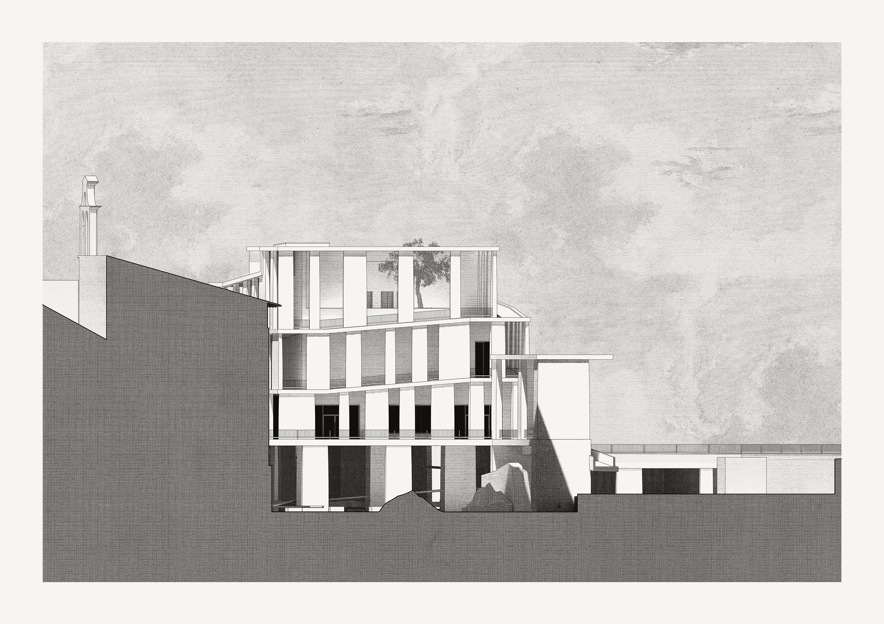 SO: Piazza-Façade. In the foreground/below, the excavations of the former Aula of the marble map at the Foro della Pace with the new Loggia above it looking to the original wall with the reconstructed Forma Urbis Roman map. To the left, the Basilica SS. Cosma e Damiano.
