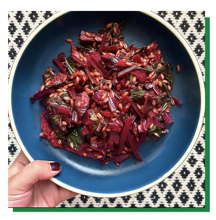 A Grainy Beet: Spelt Stewed in Shiitake Broth and Za’atar with Diced Baby Beets, Shiitakes, Beet Greens, Olives, Cream, Cheese, and Garlic