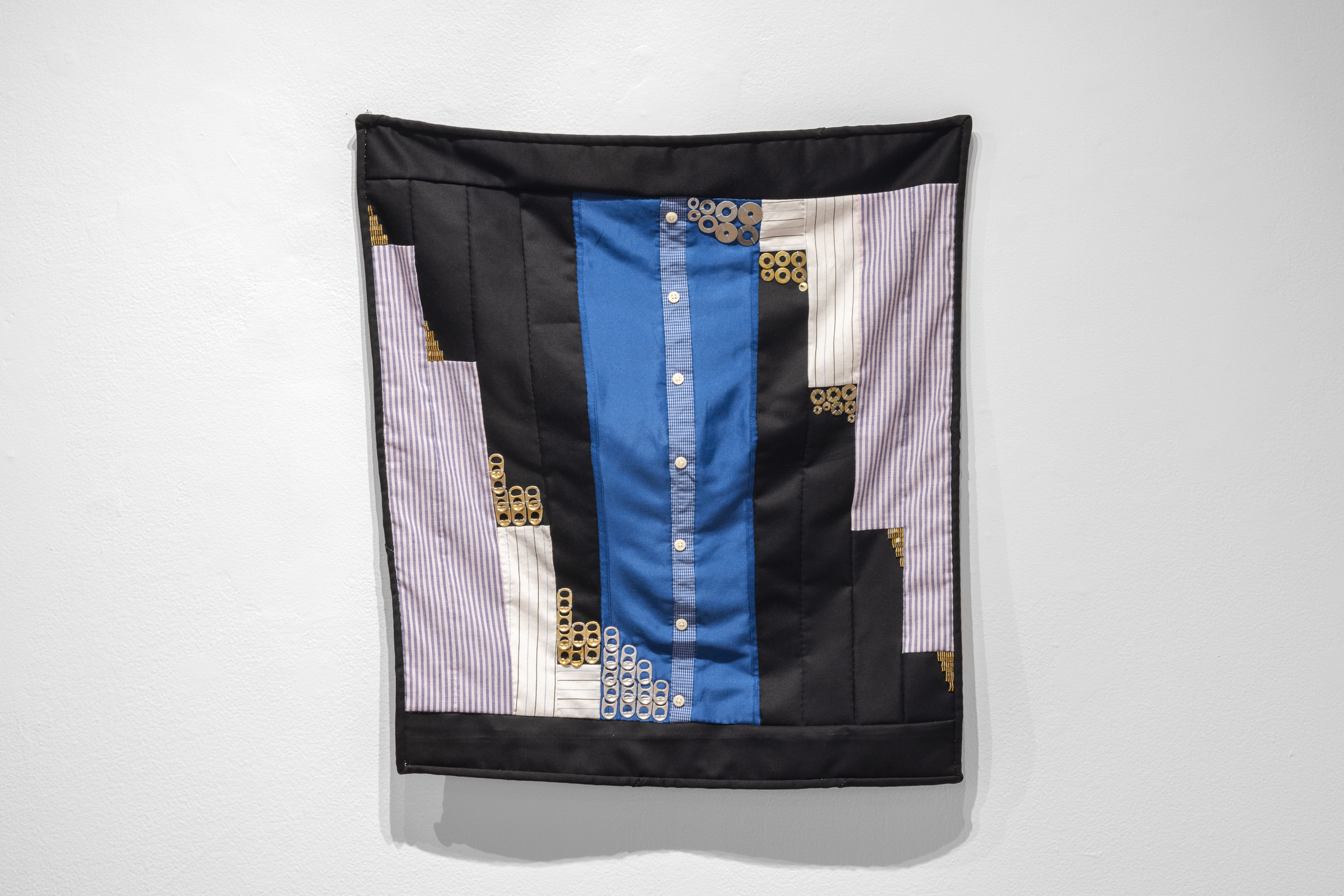 Her | Cotton fabric, cotton batting, beads, washers, soda can tabs | 23 &frac12; x 26 in | 2023