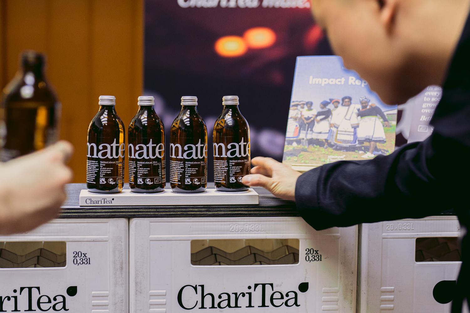 ChariTea bottles displayed at AVA London 2025, highlighting the brand’s partnership and ethical tea initiative.
