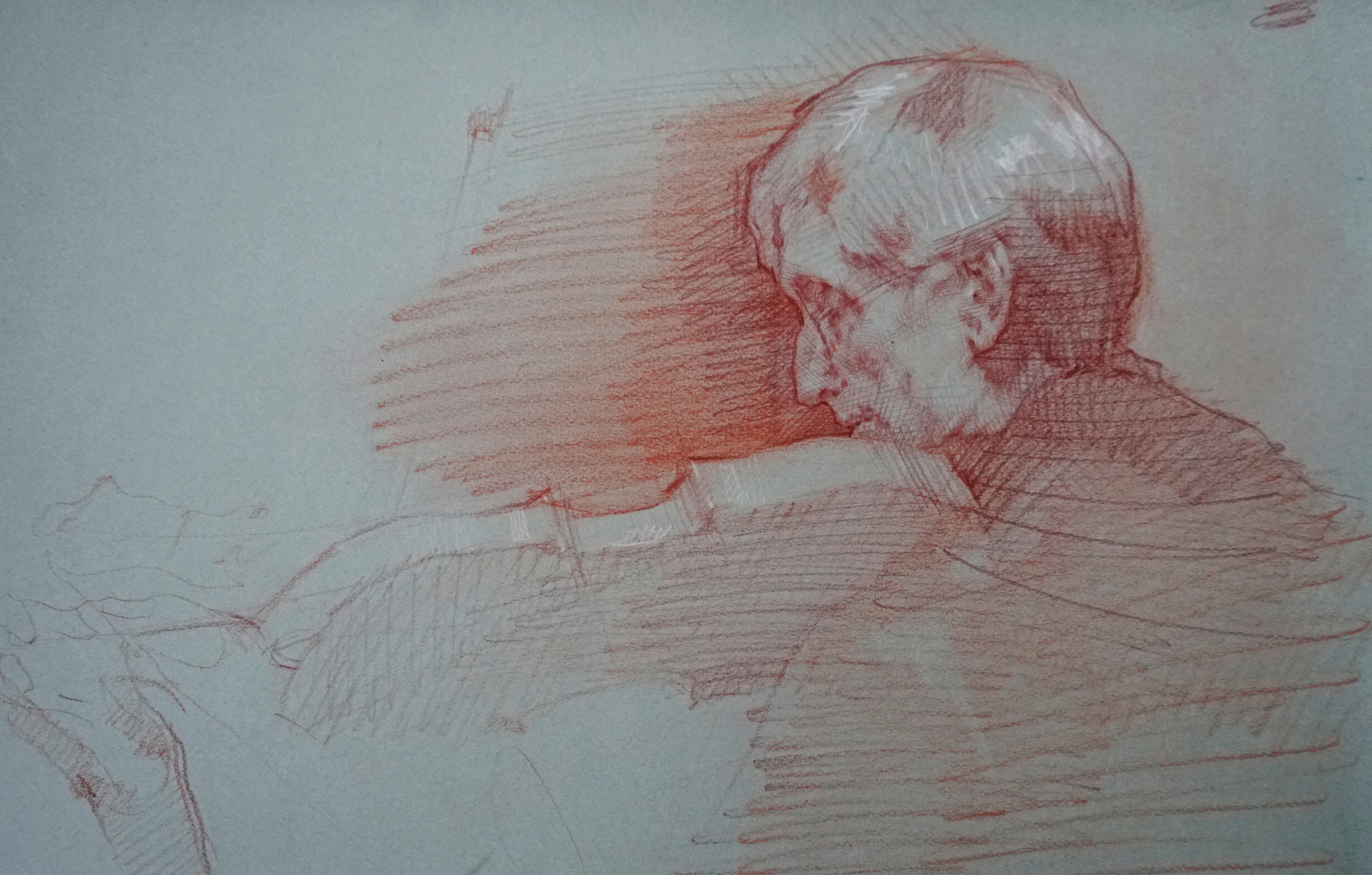 Sweden Peter Playing Bach in Red, Red Chalk and Pencil, 21.5x15'', $450