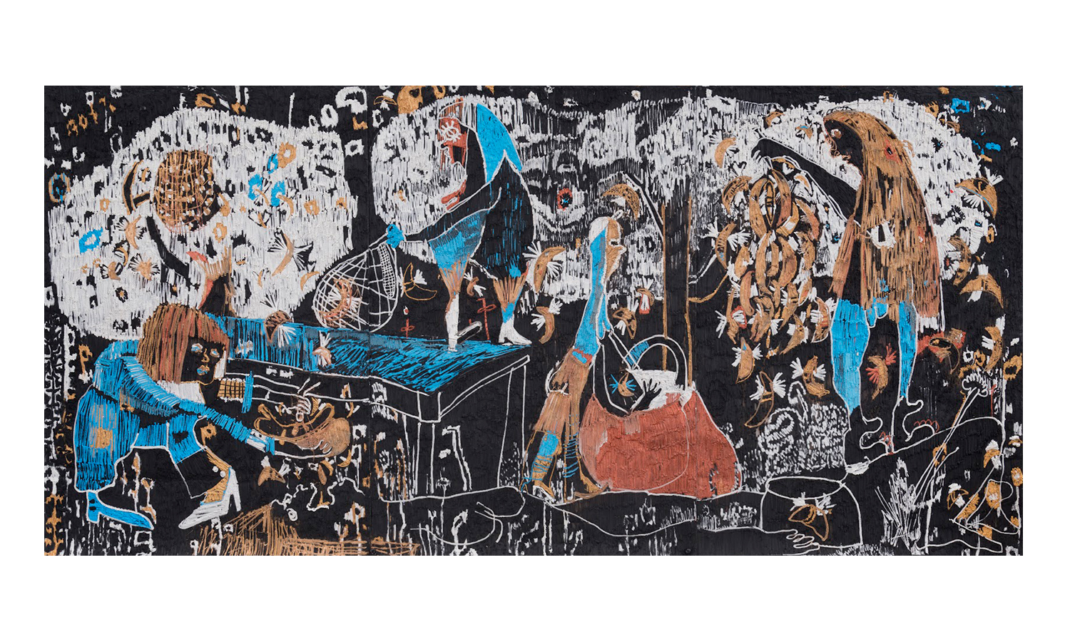 “Beekeeping” 2017, acrylic on aluminum mesh, 69" x 12'