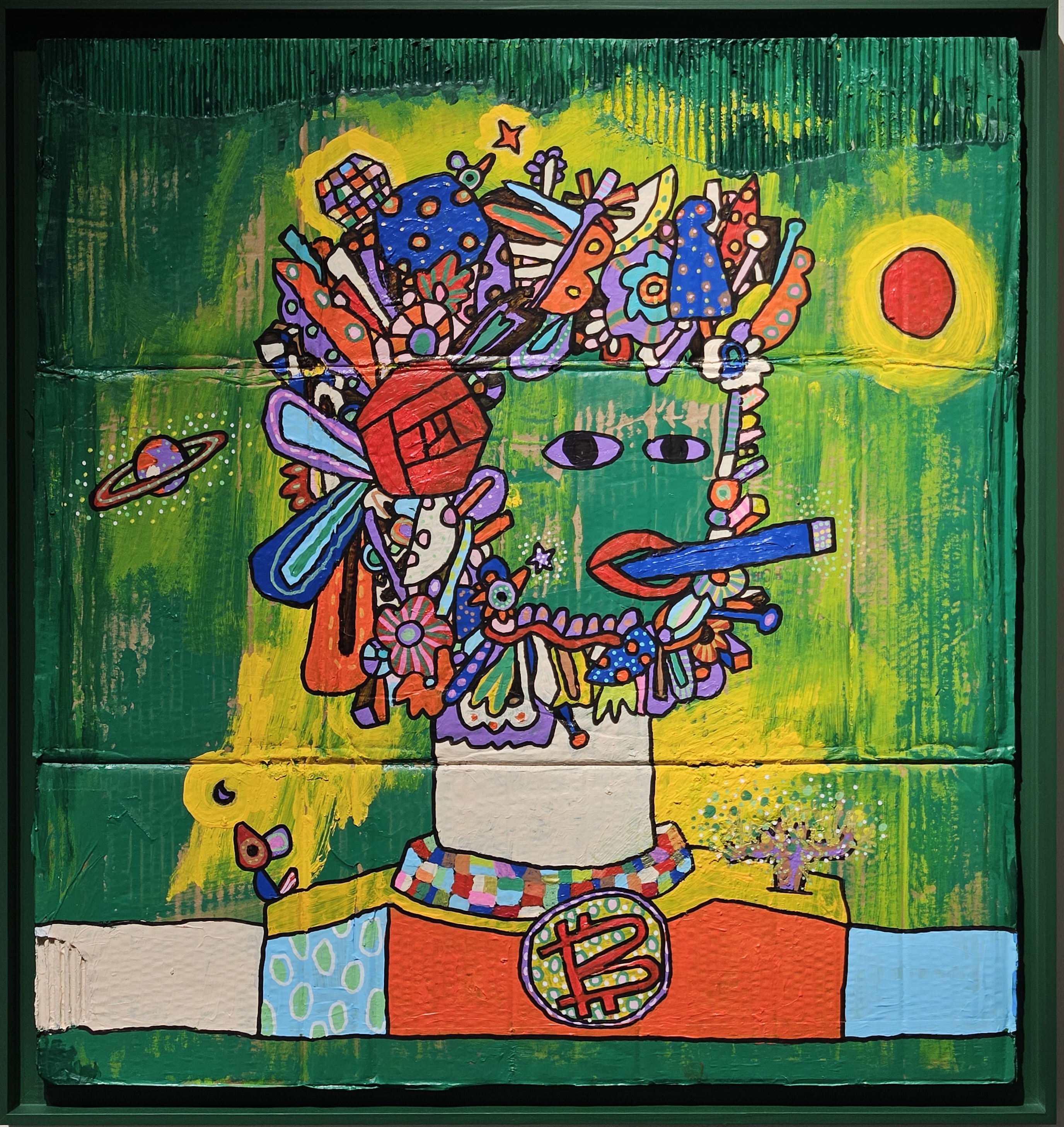 許願先生 - 黃金森林。Mr . makeAwish -  ORO FORESTA。Acrylic, cardboard, Cm 63x67, 2024