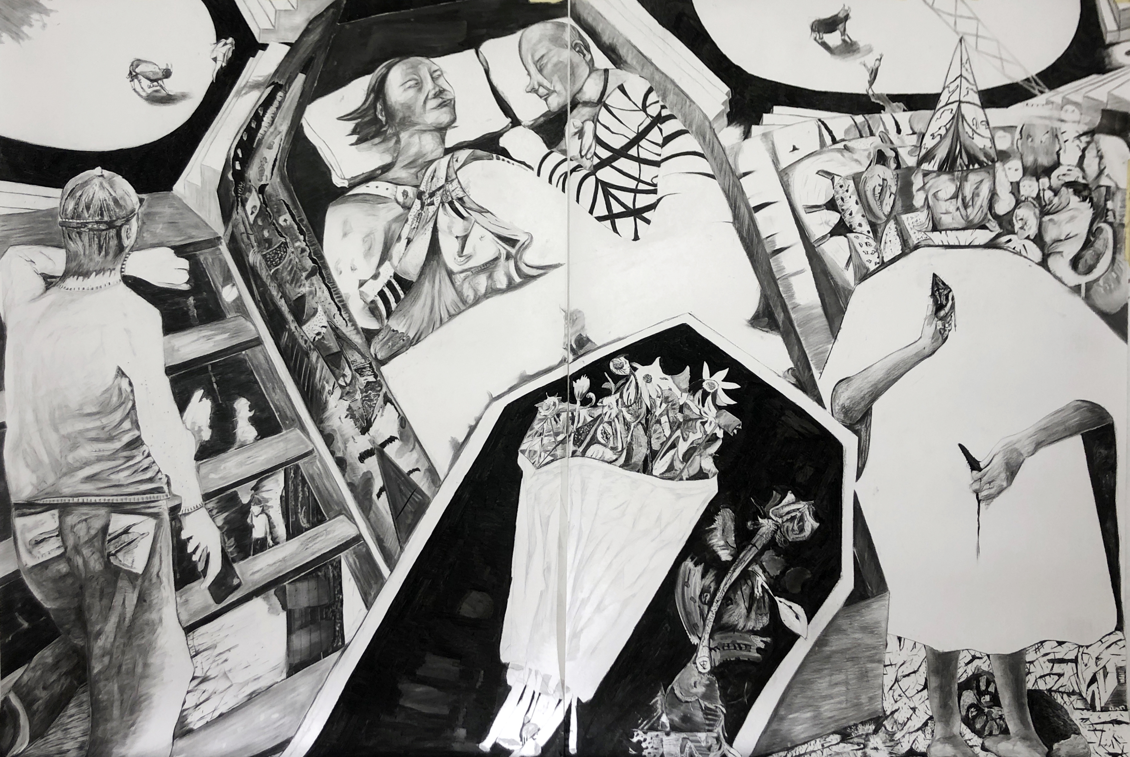 "The Burial", 2024. Charcoal on paper, 200 x 300 cm